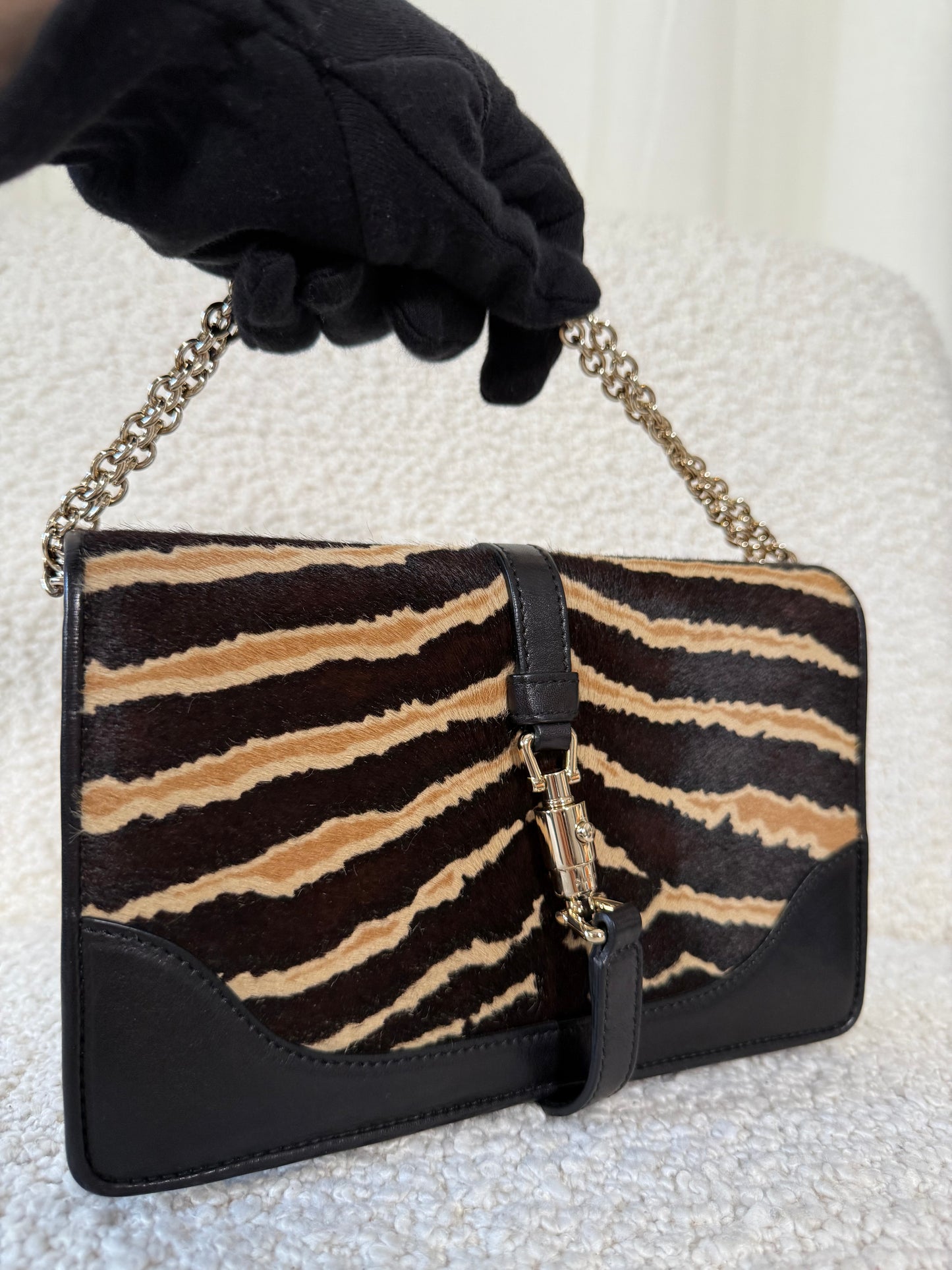 Gucci Zebra Broadway Piston Lock Chain Clutch Calf Hair