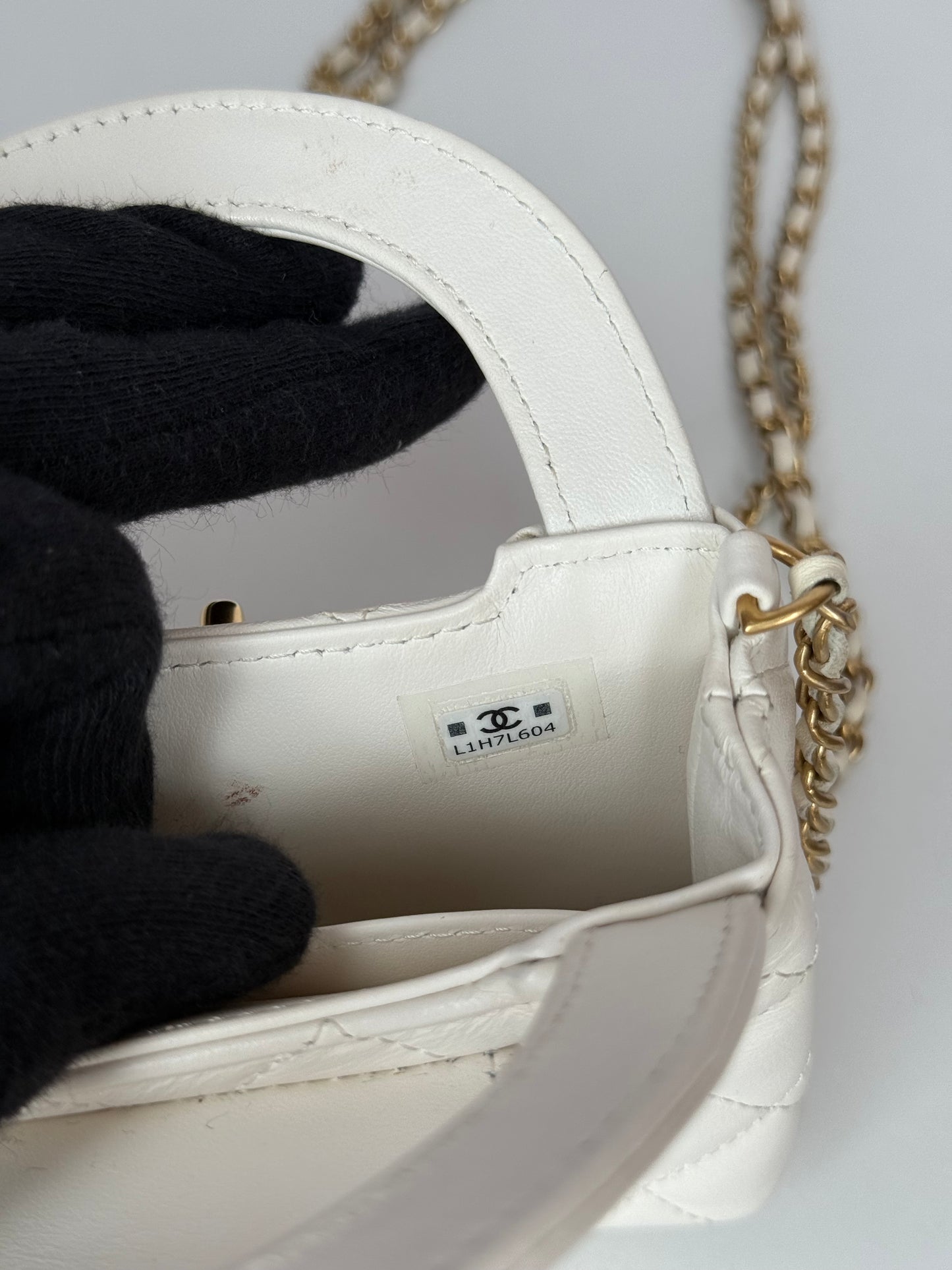 Chanel Micro Kelly White Shiny Aged Calfskin Brushed Gold Hardware