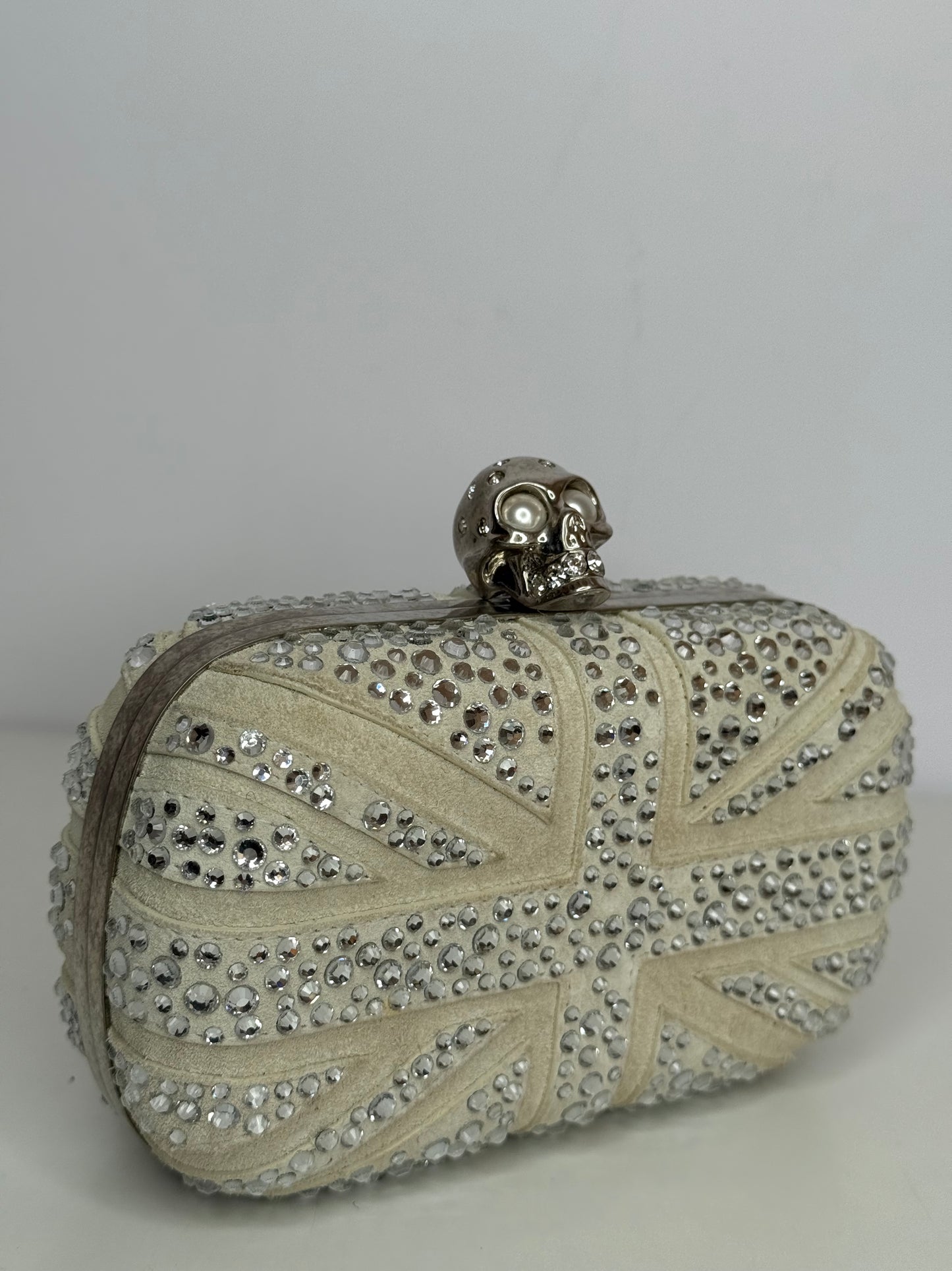 Alexander McQueen Off White Suede Studded Britannia Skull Box Clutch