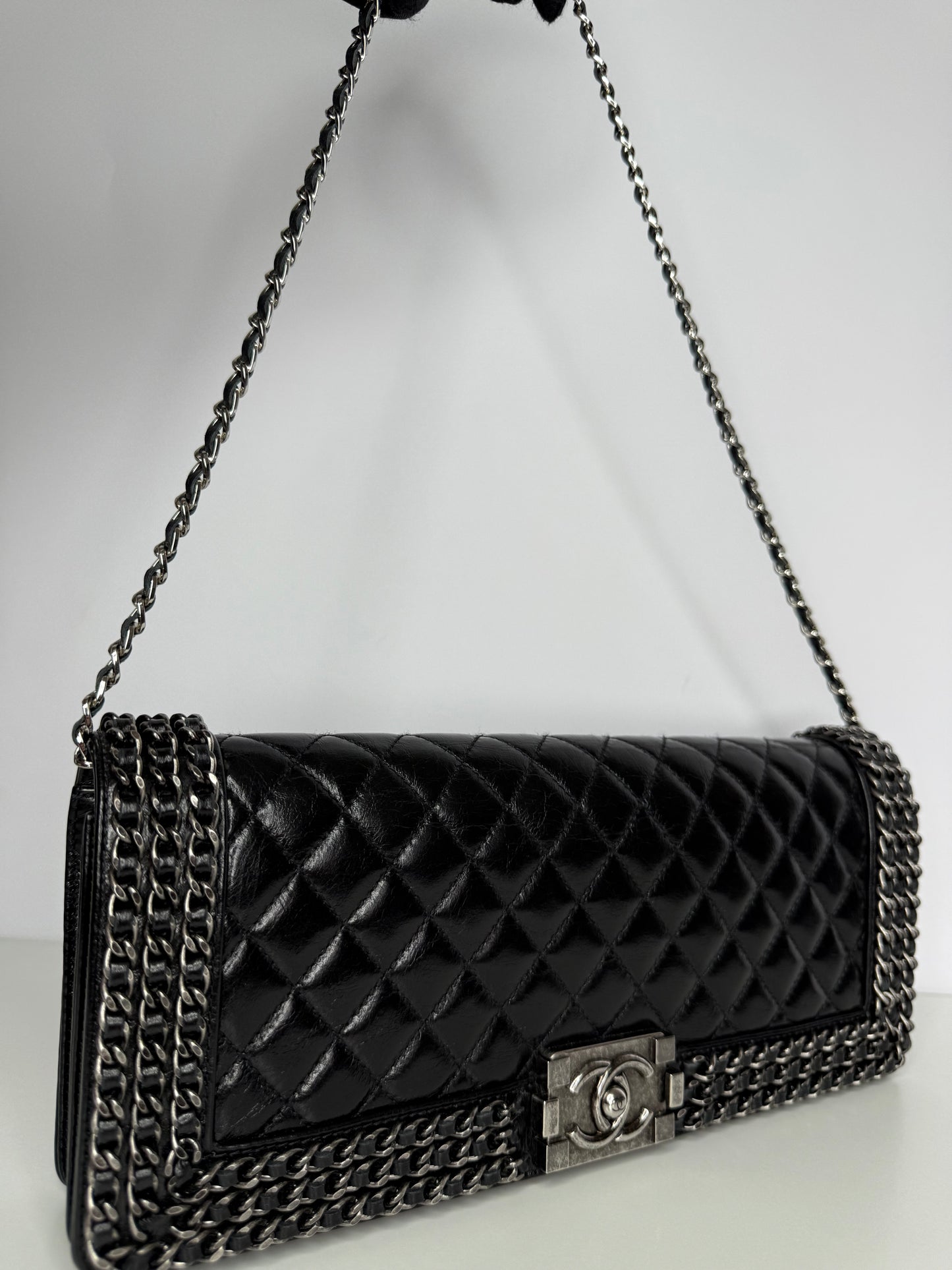 Chanel Limited Edition Black Glazed Calfskin Triple Chain Around Le Boy Flap Bag