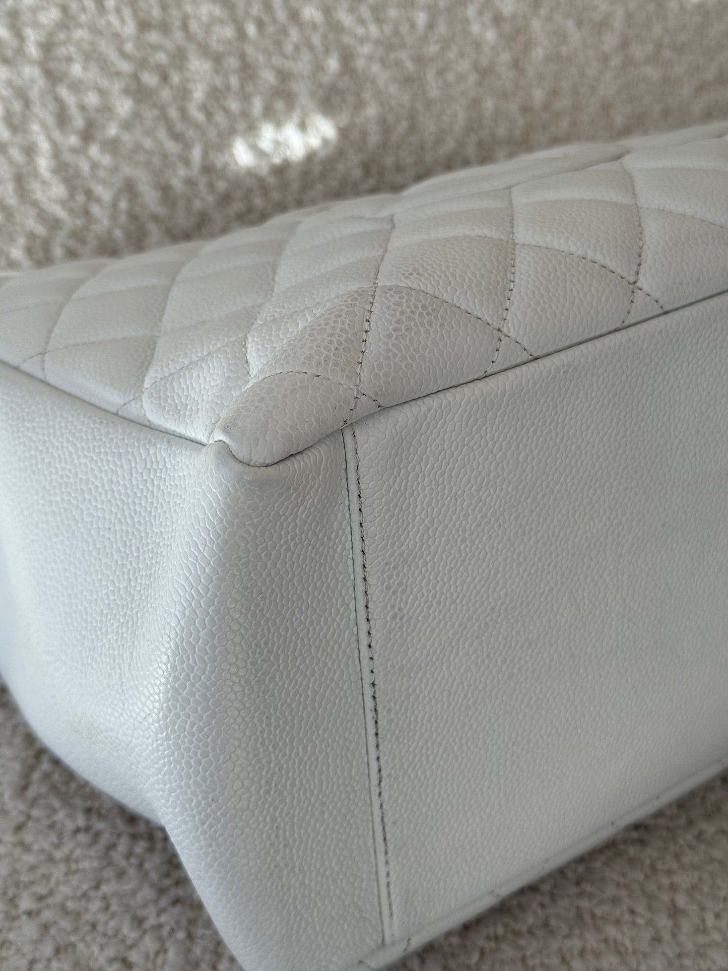 Chanel White Quilted Caviar Leather Grand Shopping Tote