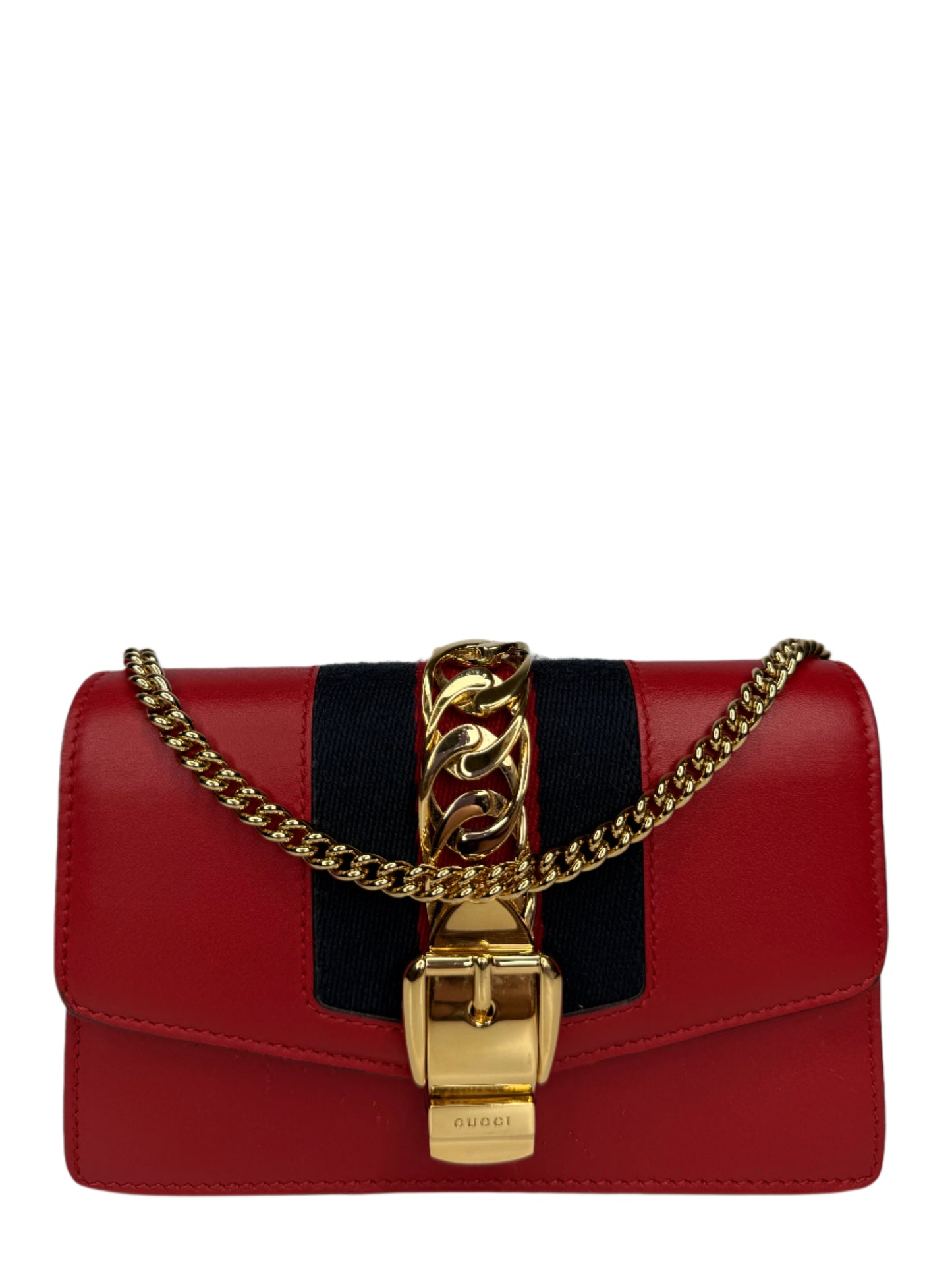 Gucci Mini Sylvie Red Leather Web Signature Chain Crossbody Bag