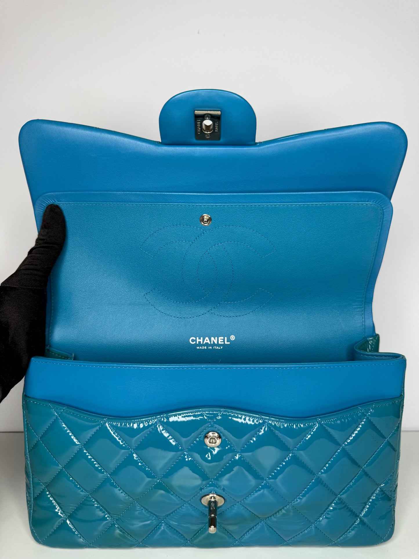 Chanel Blue Classic Jumbo Double Flap Quilted Patent Leather Bag