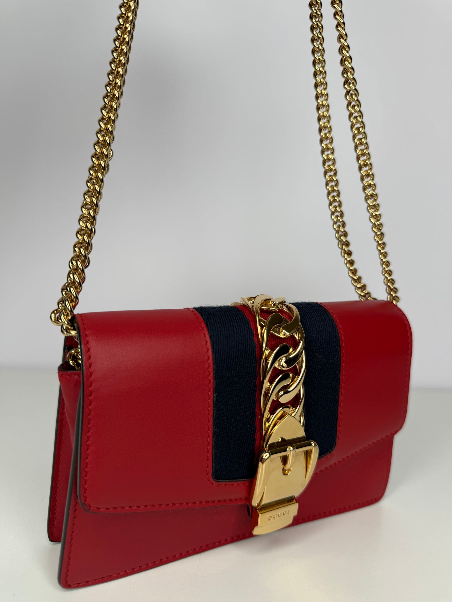 Gucci Mini Sylvie Red Leather Web Signature Chain Crossbody Bag