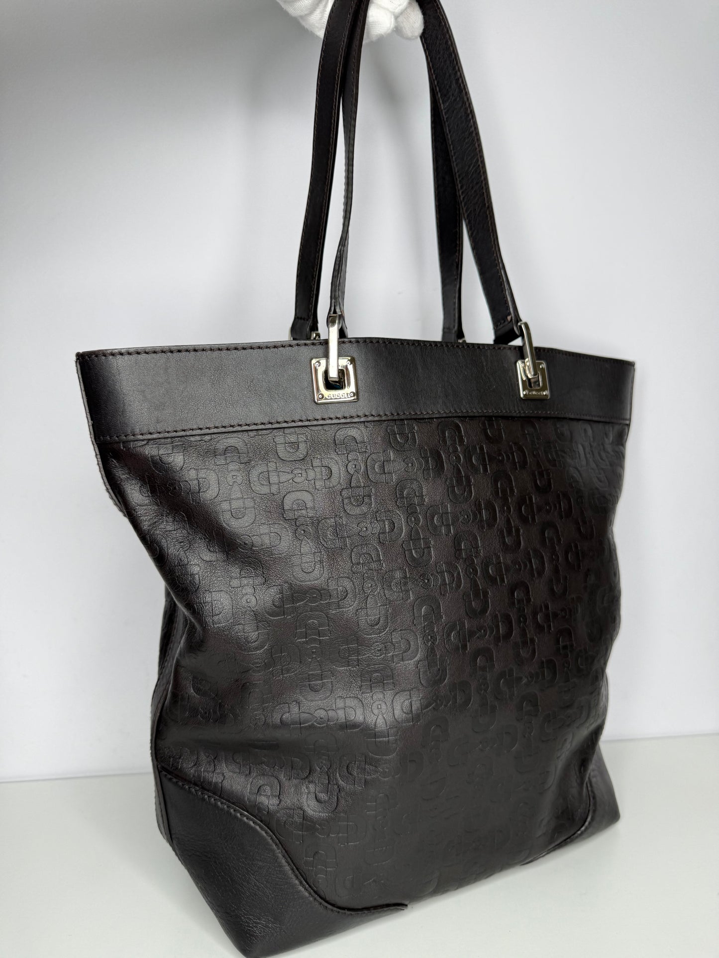 Gucci Black Embossed Leather Horsebit Tote Bag