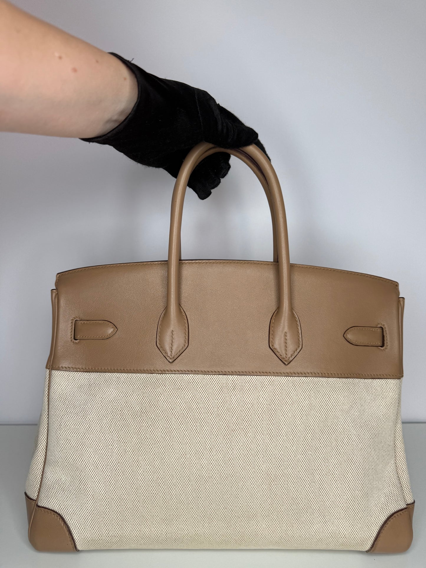 Hermès Limited Edition Birkin 35 Toile and Swift Biscuit Leather Palladium Hardware