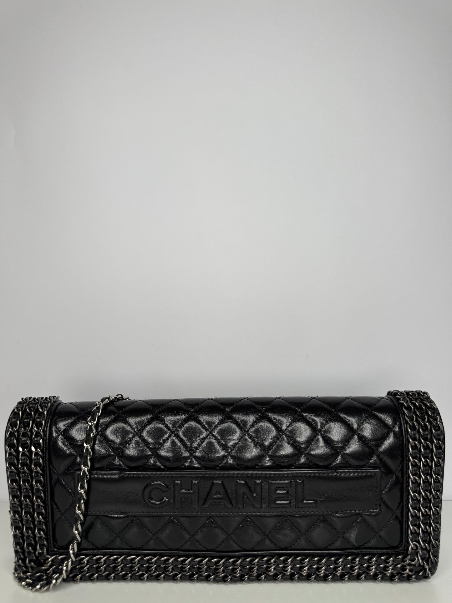 Chanel Limited Edition Black Glazed Calfskin Triple Chain Around Le Boy Flap Bag