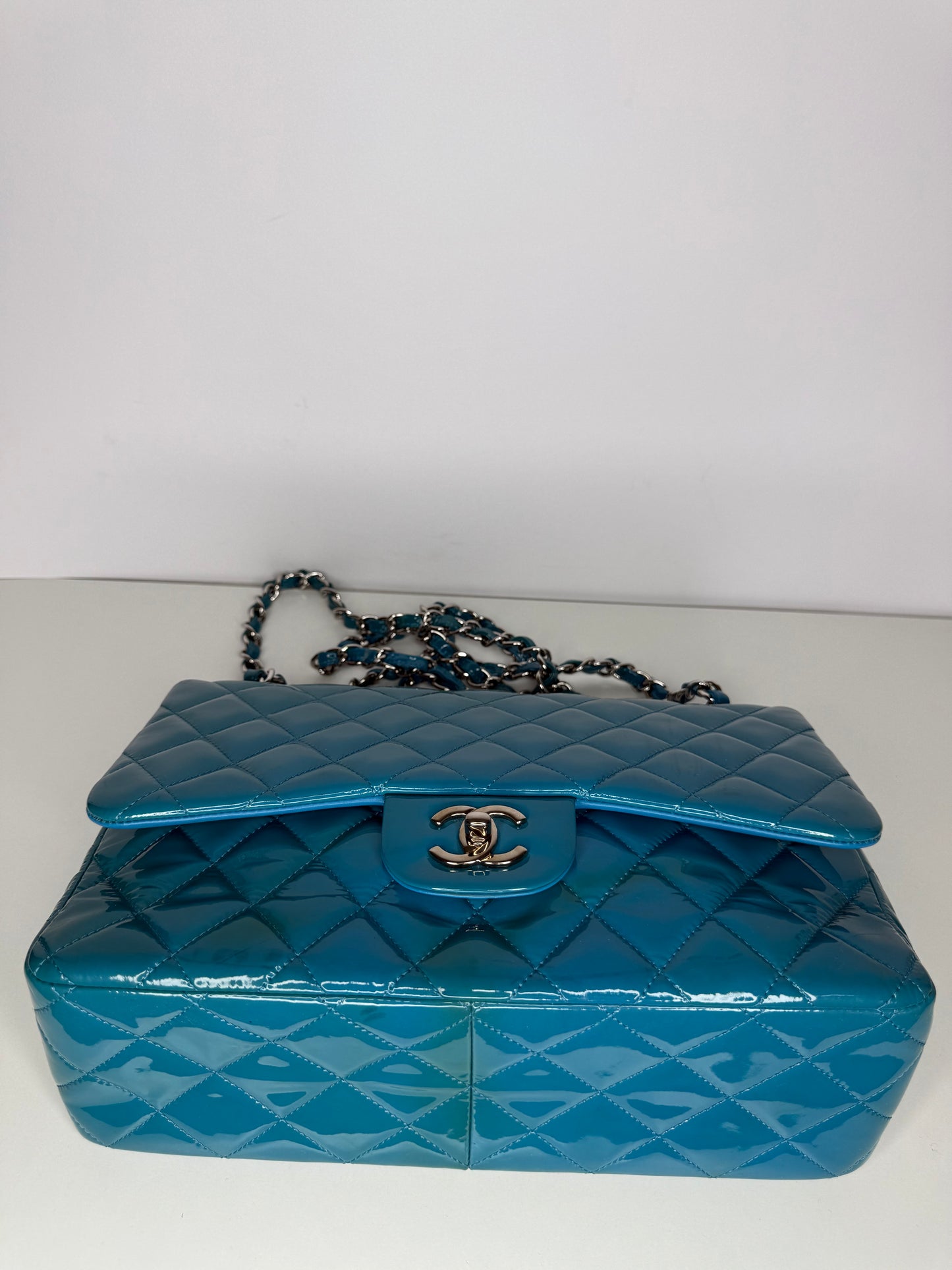 Chanel Blue Classic Jumbo Double Flap Quilted Patent Leather Bag