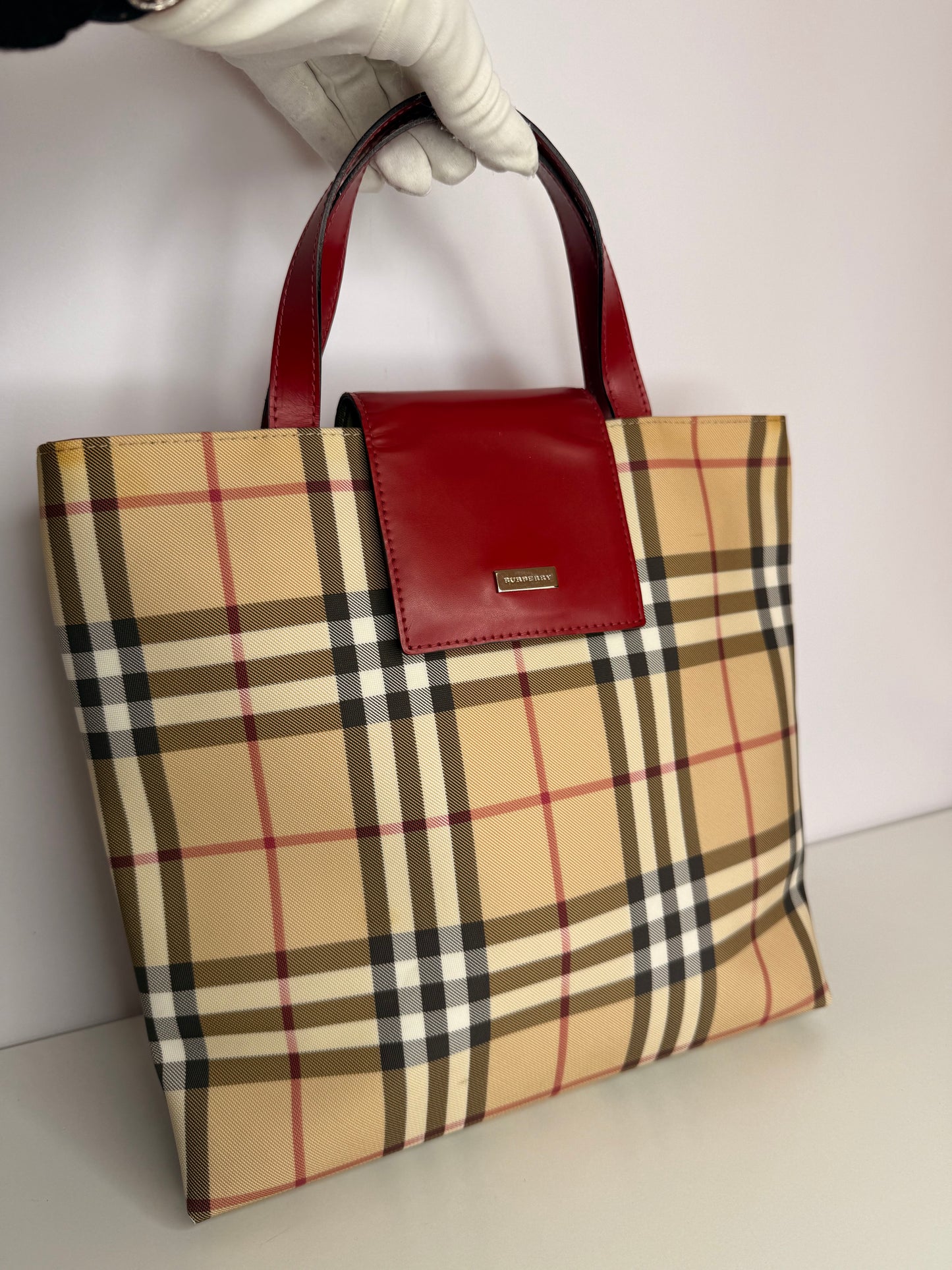 Burberry Beige/Red Nova Check Coated Canvas Top Handle Bag