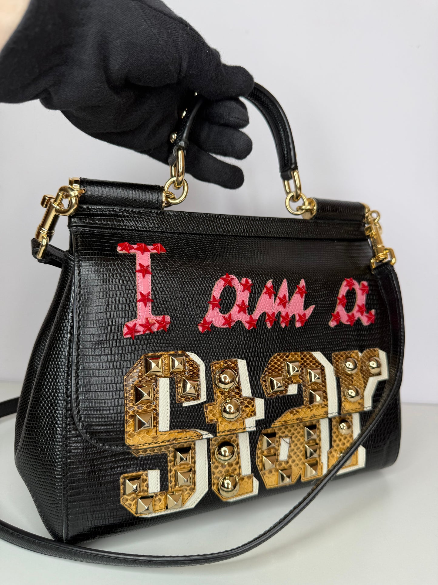 Dolce Gabbana Medium Miss Sicily 'I am a Star' Embellished Lizard Embossed Handbag