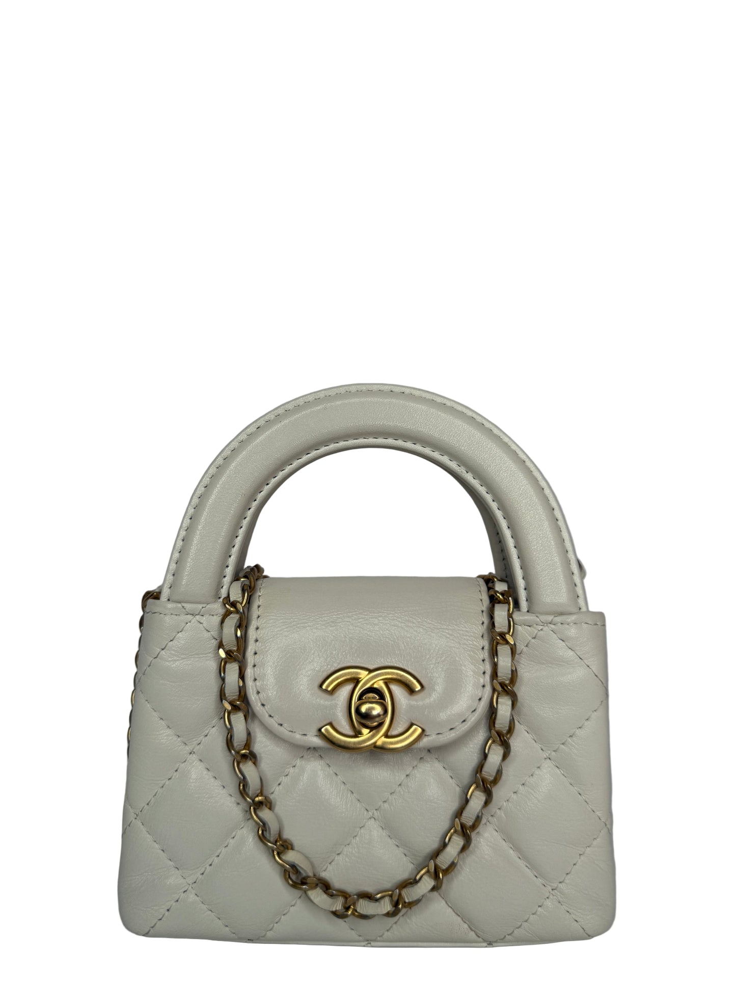 Chanel Micro Kelly White Shiny Aged Calfskin Brushed Gold Hardware