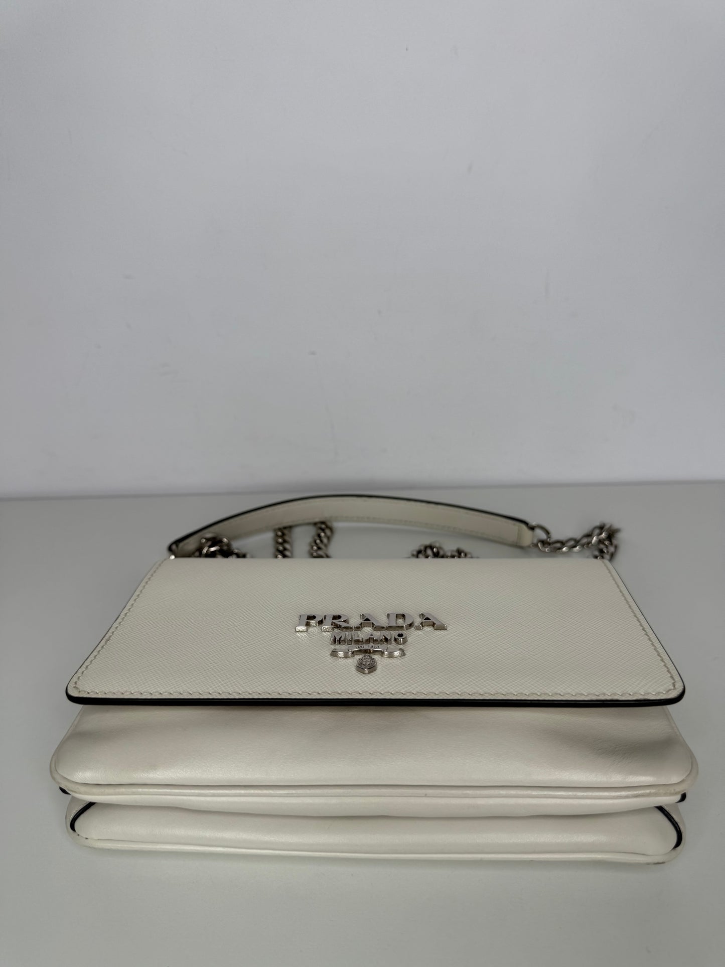 Prada Soft Calfskin Saffiano Leather Chain Crossbody Bag White