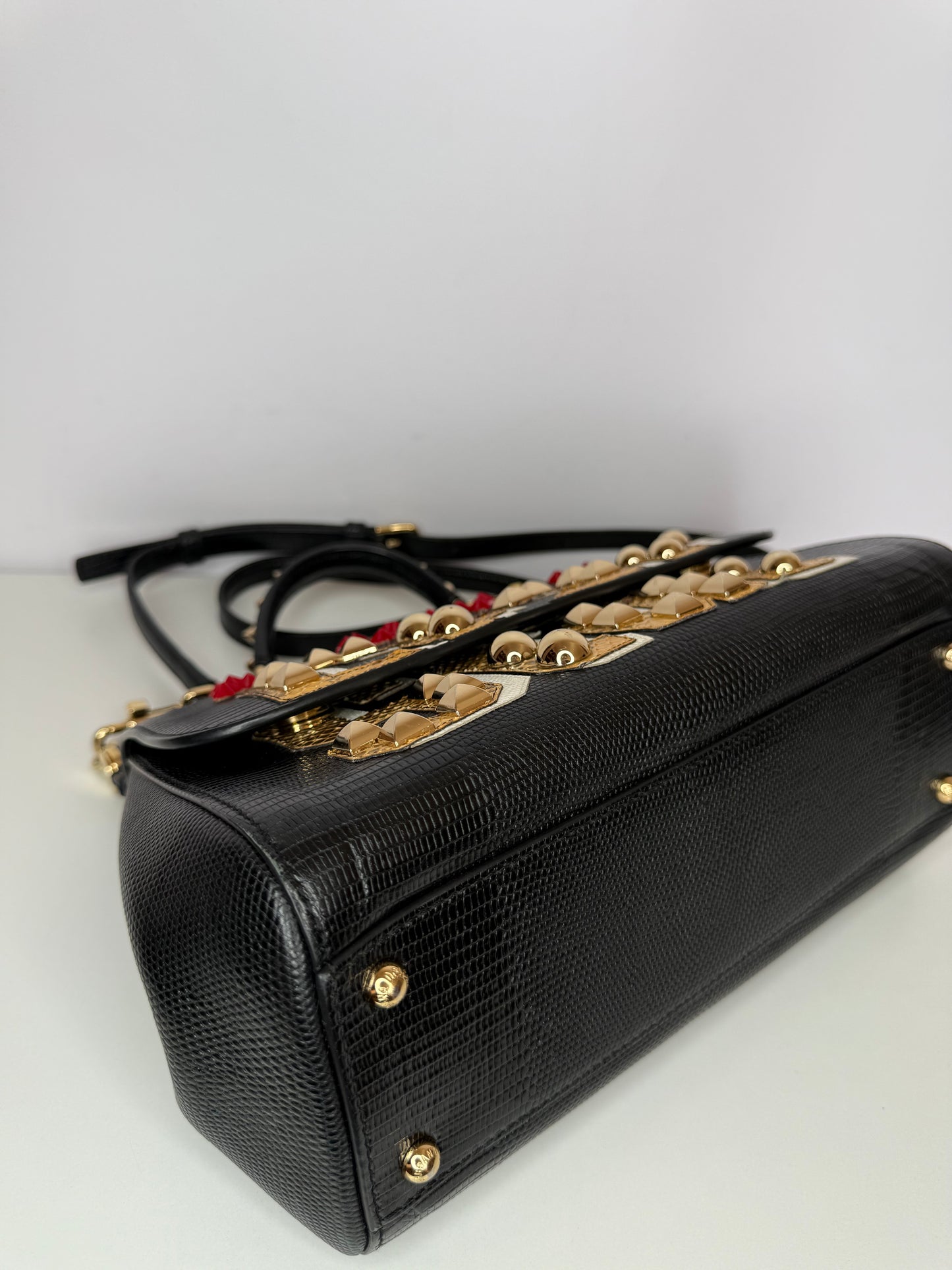 Dolce Gabbana Medium Miss Sicily 'I am a Star' Embellished Lizard Embossed Handbag