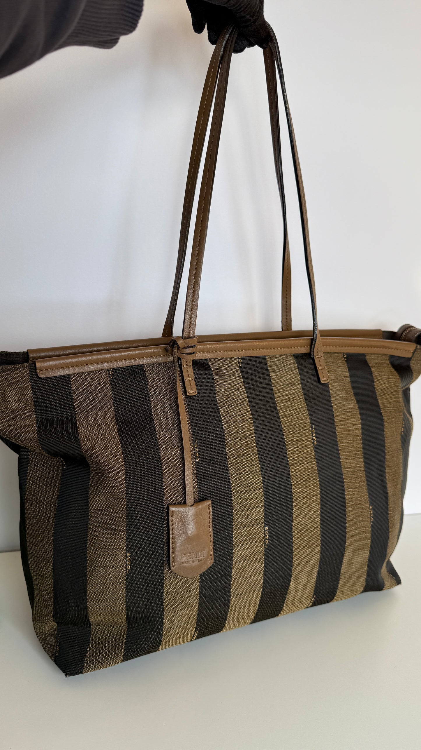 Fendi Brown Canvas Pequin Roll Tote