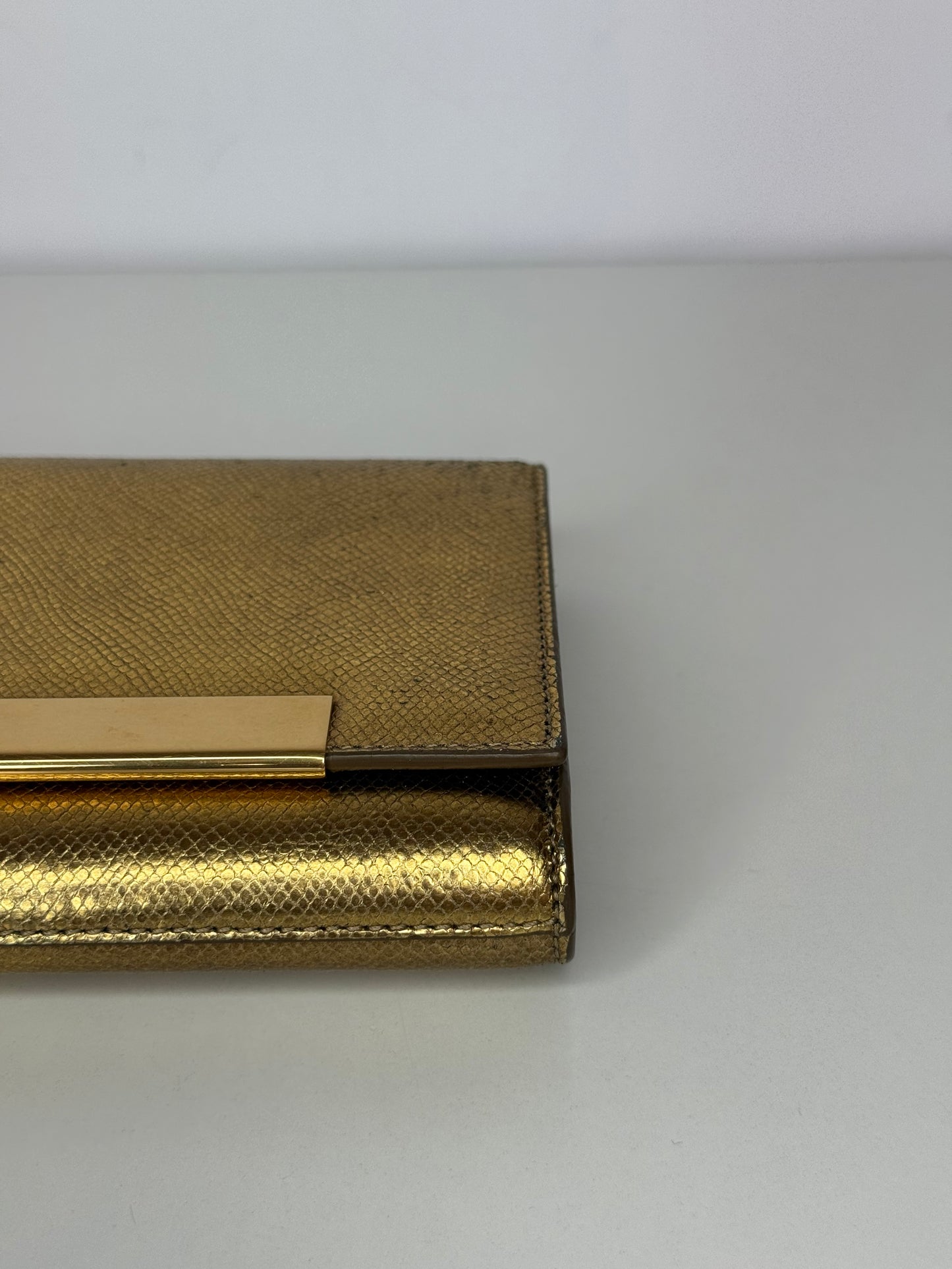 Saint Laurent Lutetia Flap Clutch Snakeskin Embossed Metallic Gold