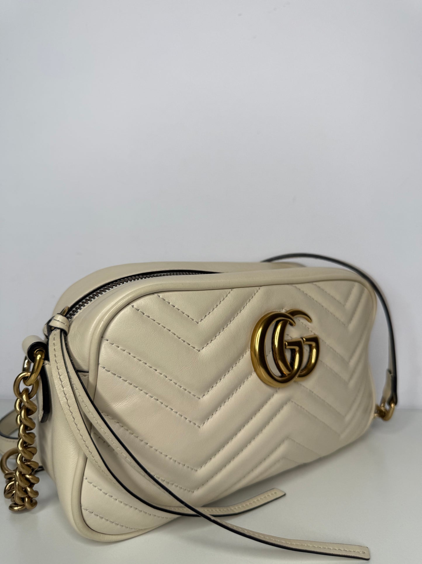 Gucci GG Off Marmont White Leather Small Camera Bag