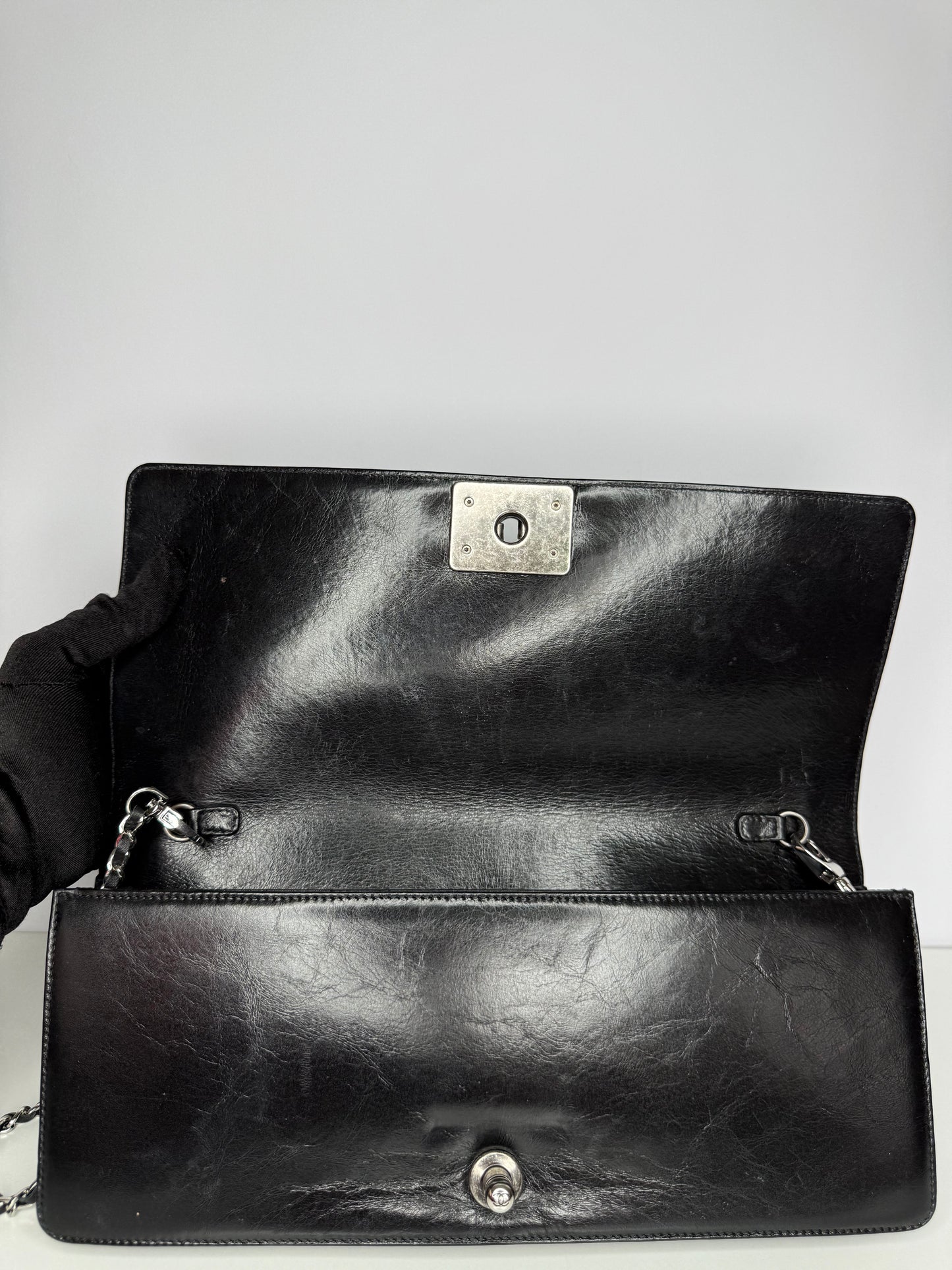 Chanel Limited Edition Black Glazed Calfskin Triple Chain Around Le Boy Flap Bag