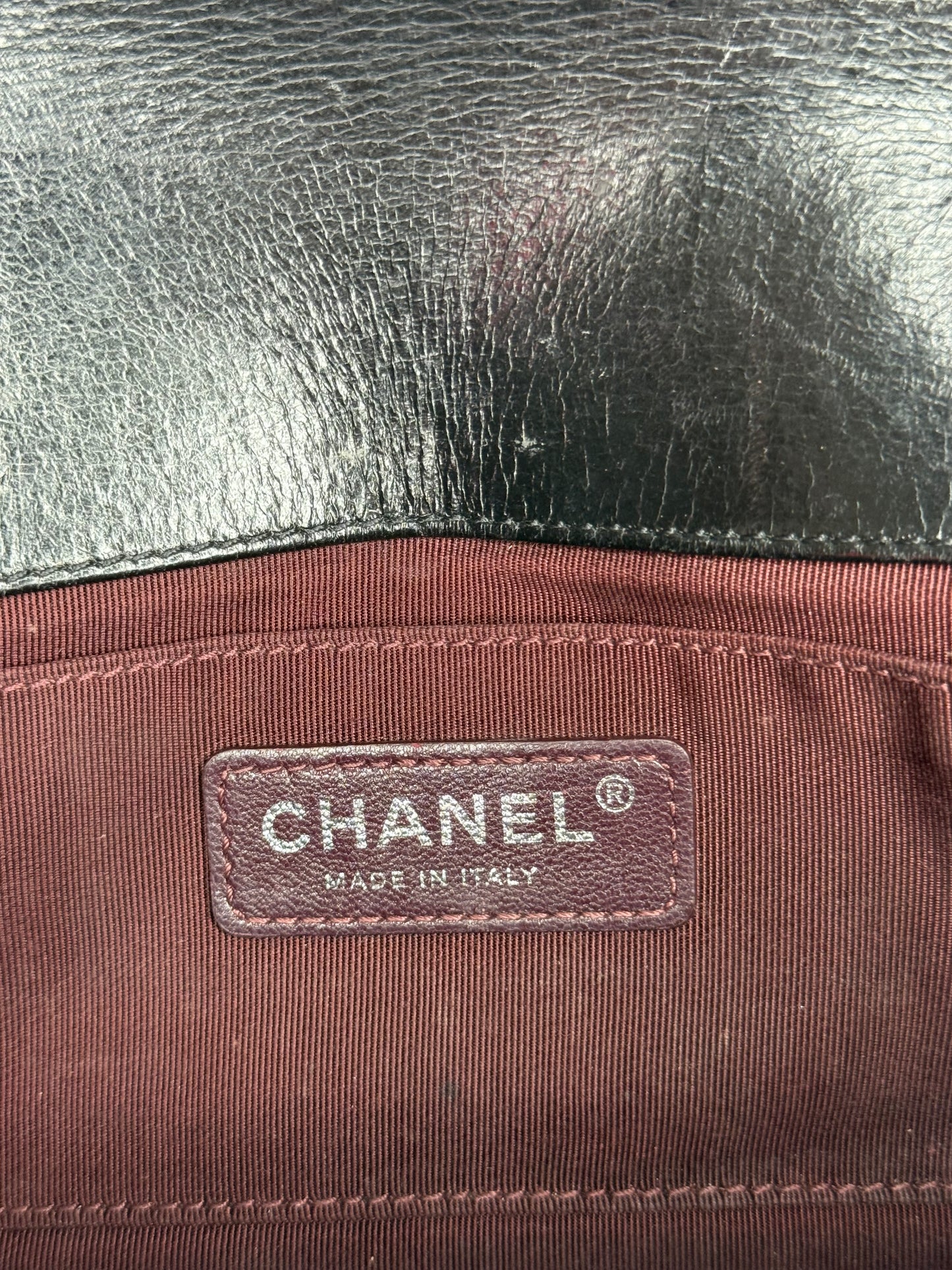 Chanel Limited Edition Black Glazed Calfskin Triple Chain Around Le Boy Flap Bag