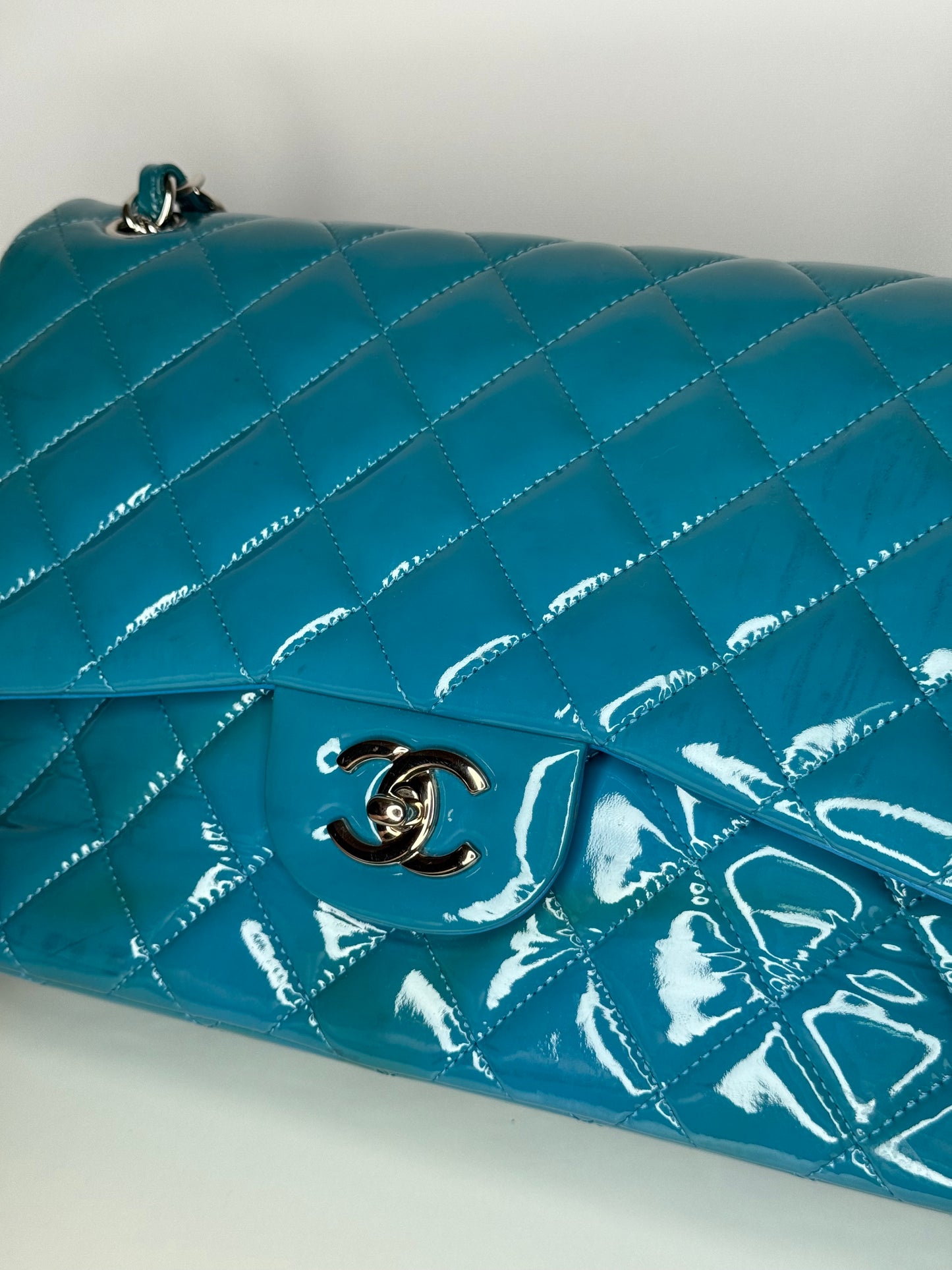 Chanel Blue Classic Jumbo Double Flap Quilted Patent Leather Bag