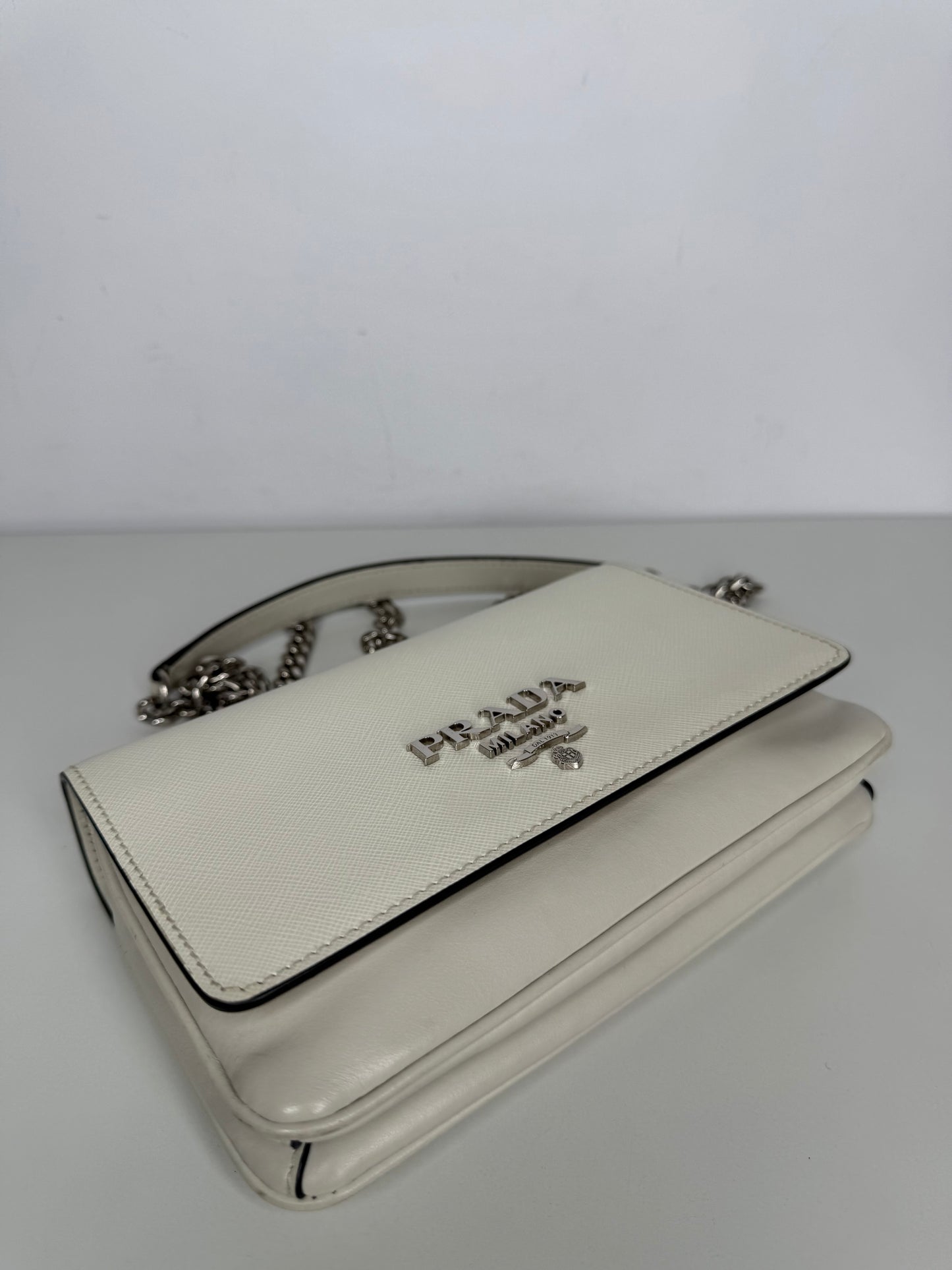 Prada Soft Calfskin Saffiano Leather Chain Crossbody Bag White