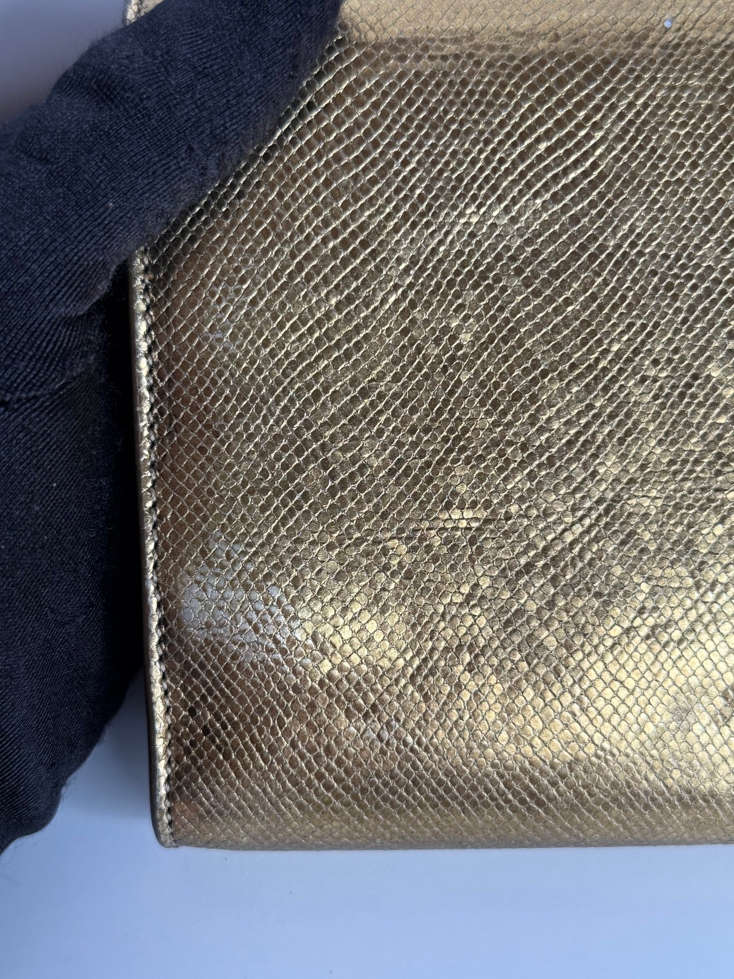 Saint Laurent Lutetia Flap Clutch Snakeskin Embossed Metallic Gold