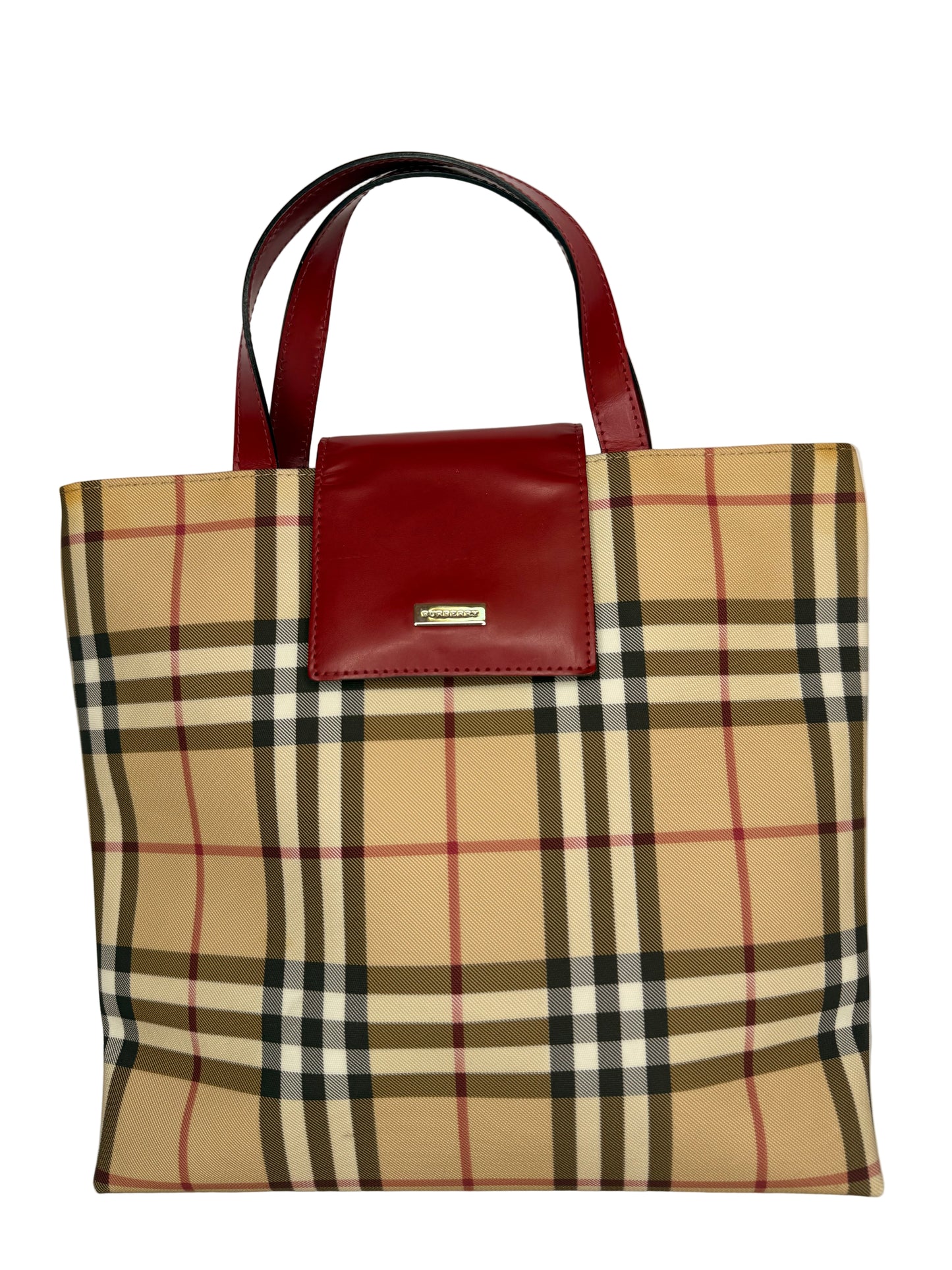 Burberry Beige/Red Nova Check Coated Canvas Top Handle Bag