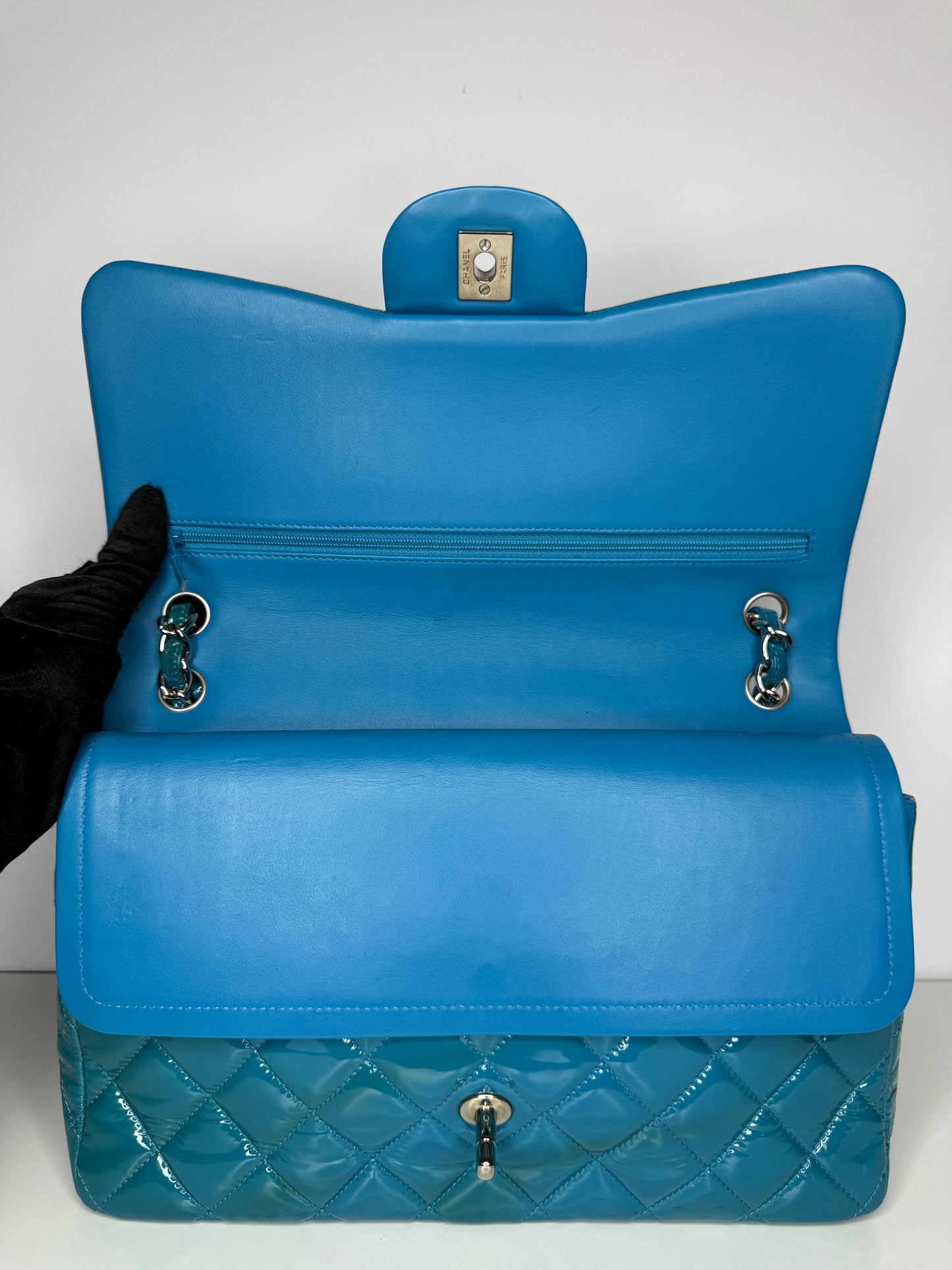 Chanel Blue Classic Jumbo Double Flap Quilted Patent Leather Bag
