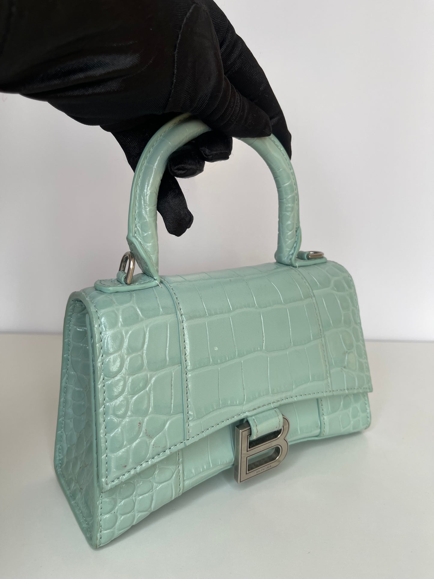 Balenciaga Green Aqua Croc Embossed Leather XS Hourglass Top Handle Bag
