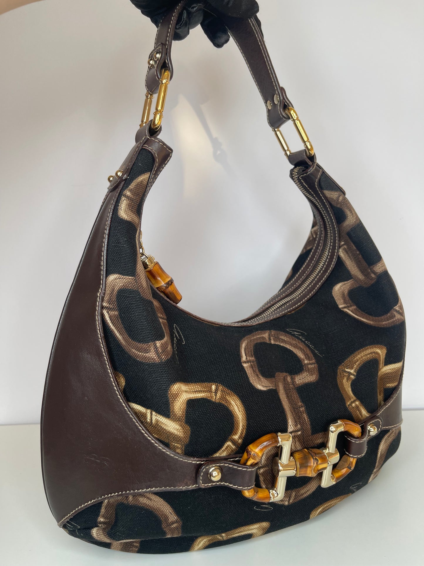 Gucci Brown/Black Printed Canvas and Leather Amalfi Horsebit Hobo