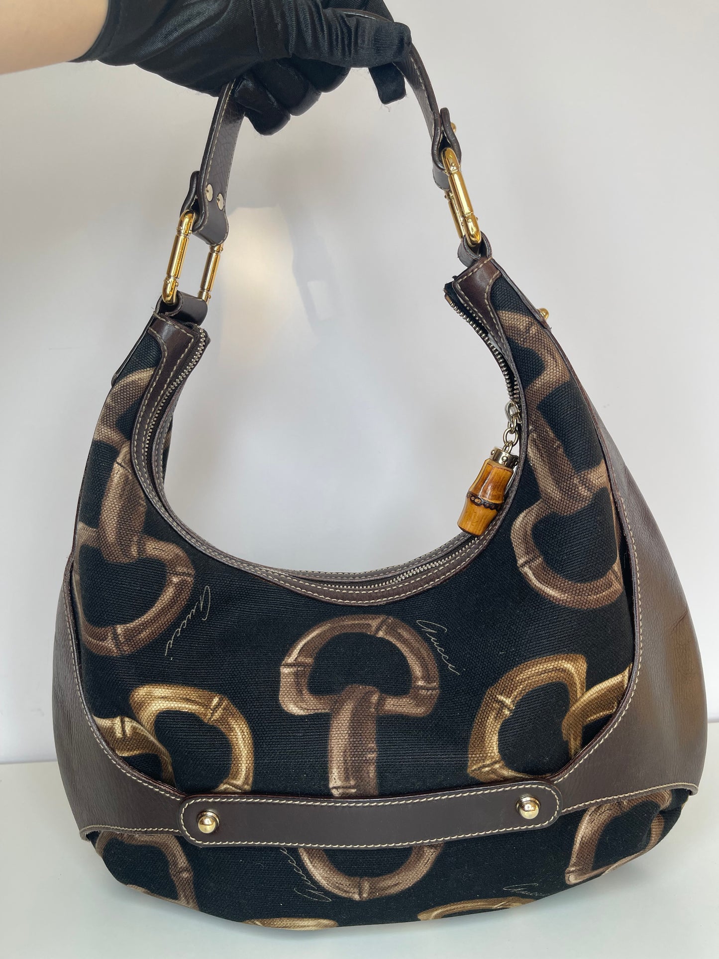 Gucci Brown/Black Printed Canvas and Leather Amalfi Horsebit Hobo