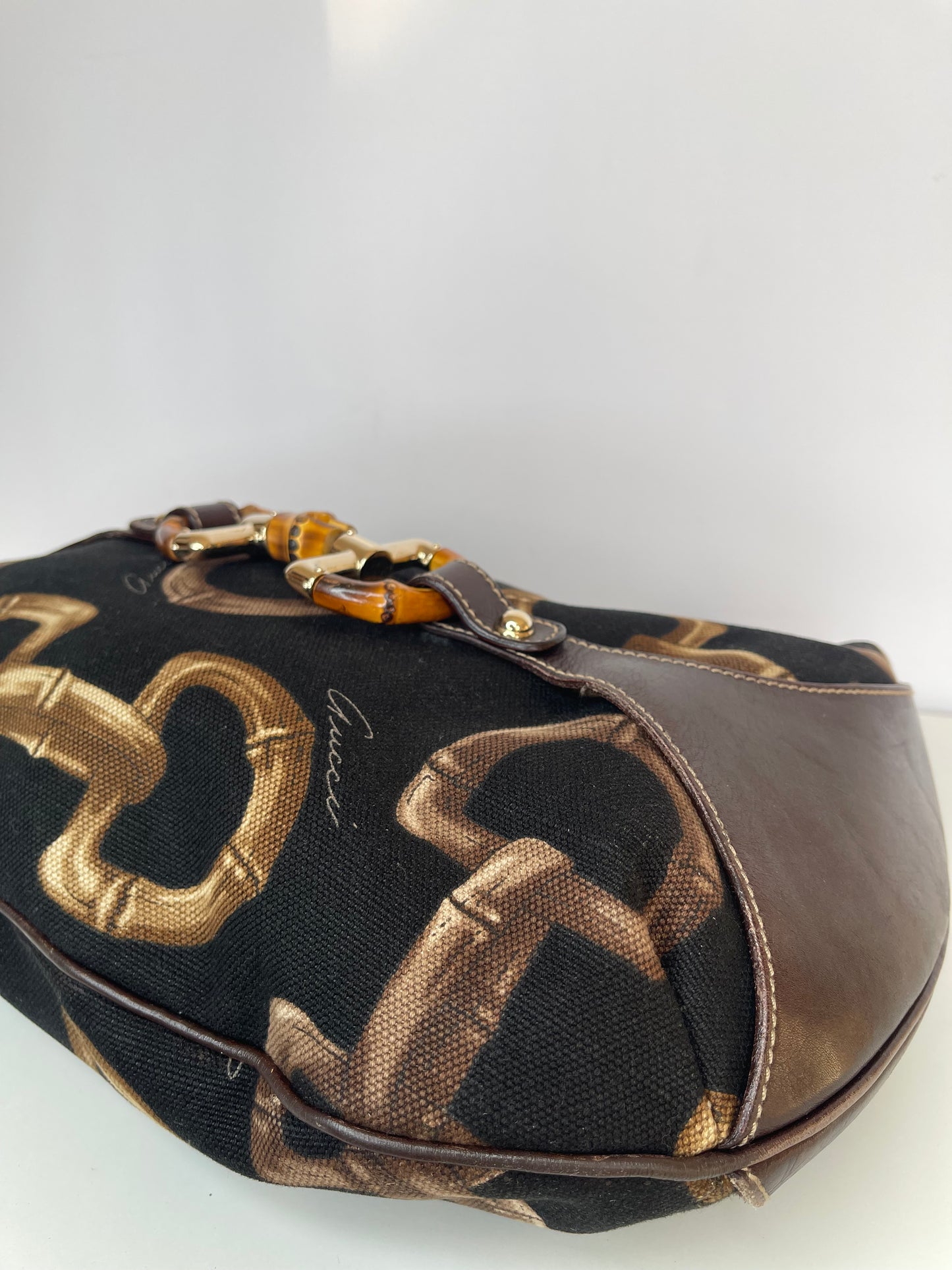 Gucci Brown/Black Printed Canvas and Leather Amalfi Horsebit Hobo