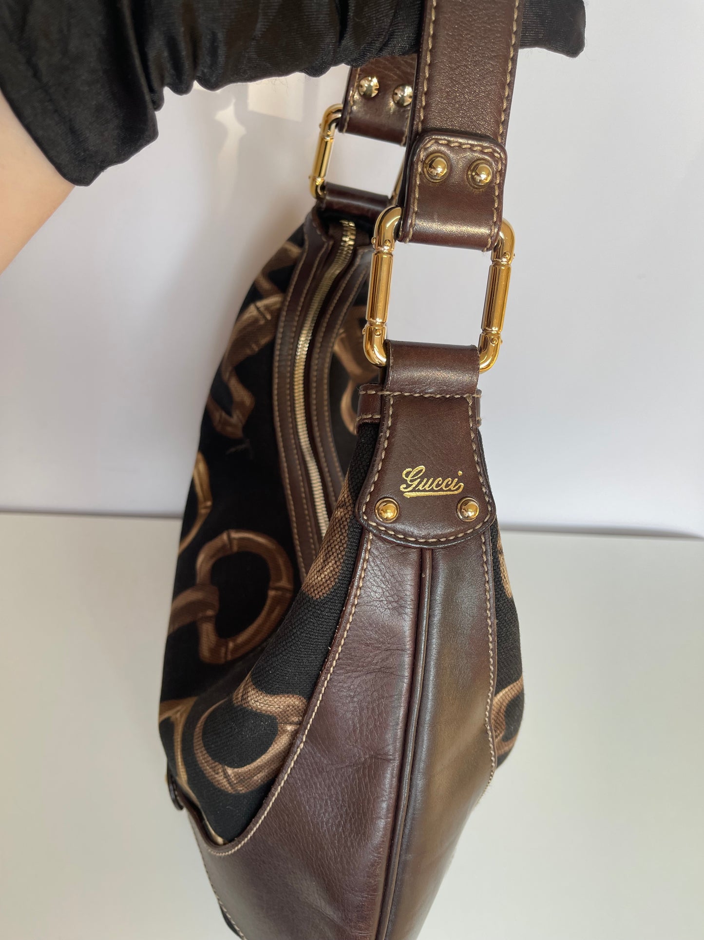 Gucci Brown/Black Printed Canvas and Leather Amalfi Horsebit Hobo