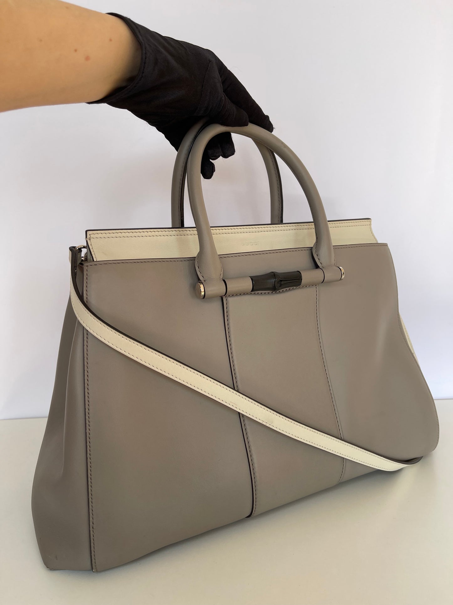 Gucci Calfskin Leather 2way Lady Bamboo Top Handle Bag Grey