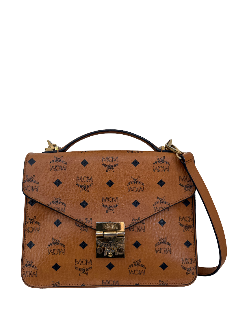 MCM Patricia Satchel Visetos Crossbody Bag Brown