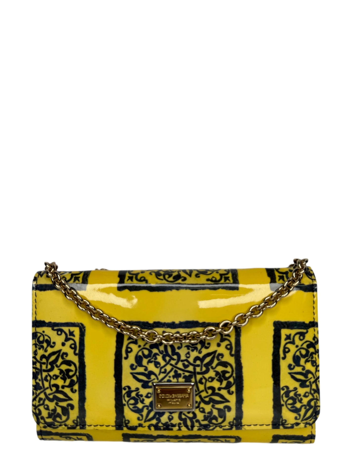 Dolce Gabbana Yellow Majolica Print Leather Mini Sicily Wallet on Chain