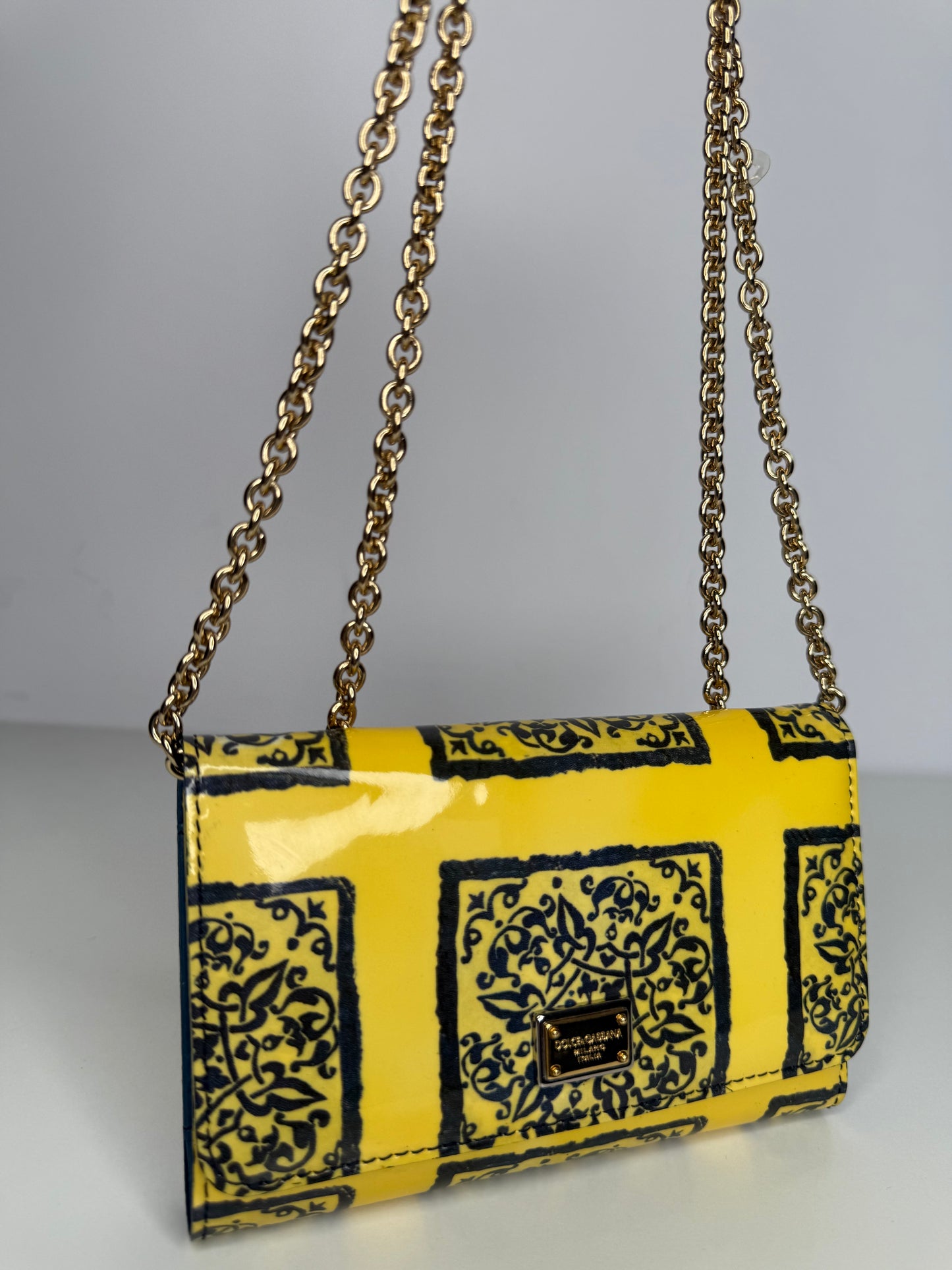 Dolce Gabbana Yellow Majolica Print Leather Mini Sicily Wallet on Chain