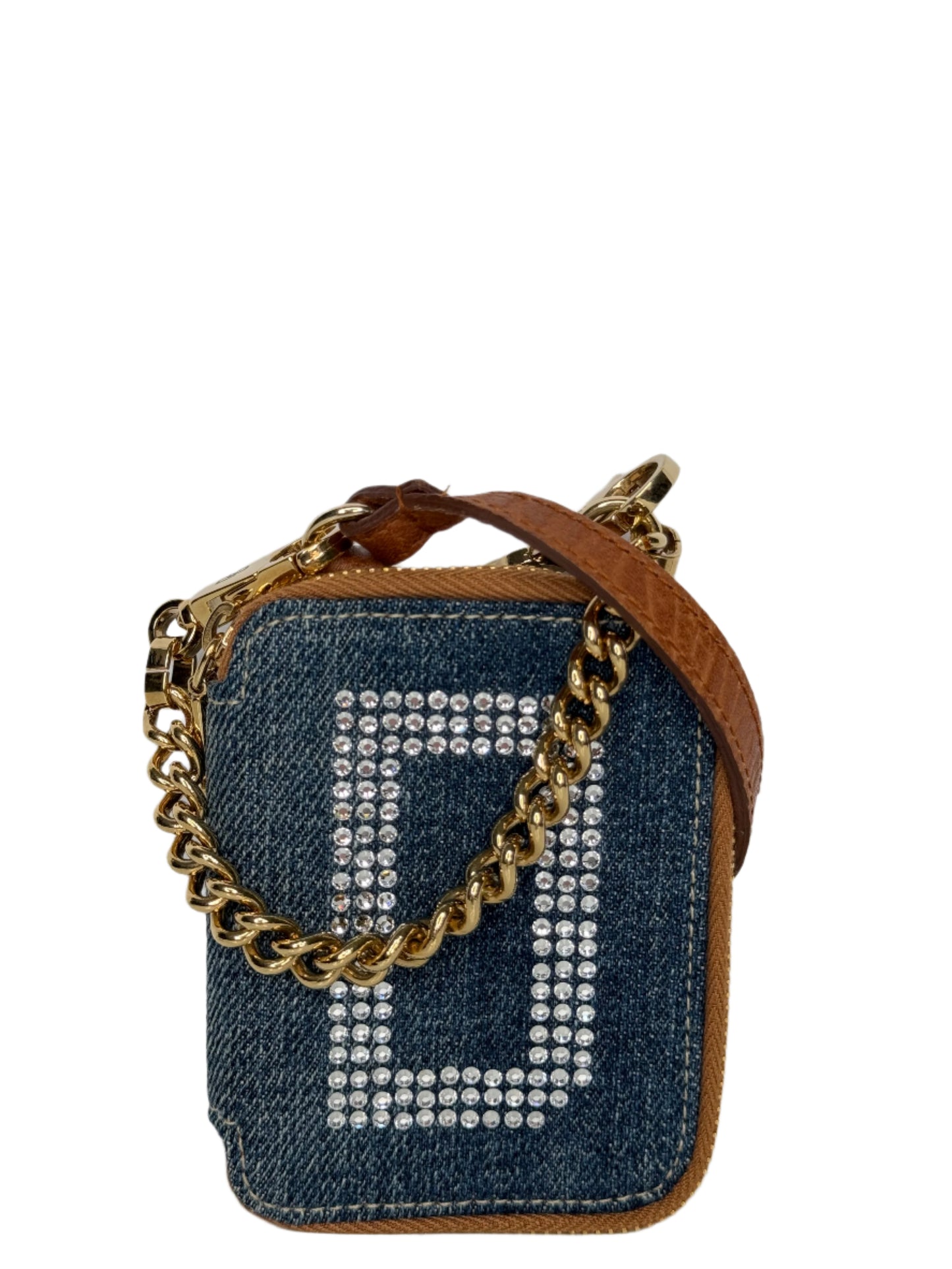 Dolce Gabbana Denim Crystal Logo Mirror and Lipstick Holder