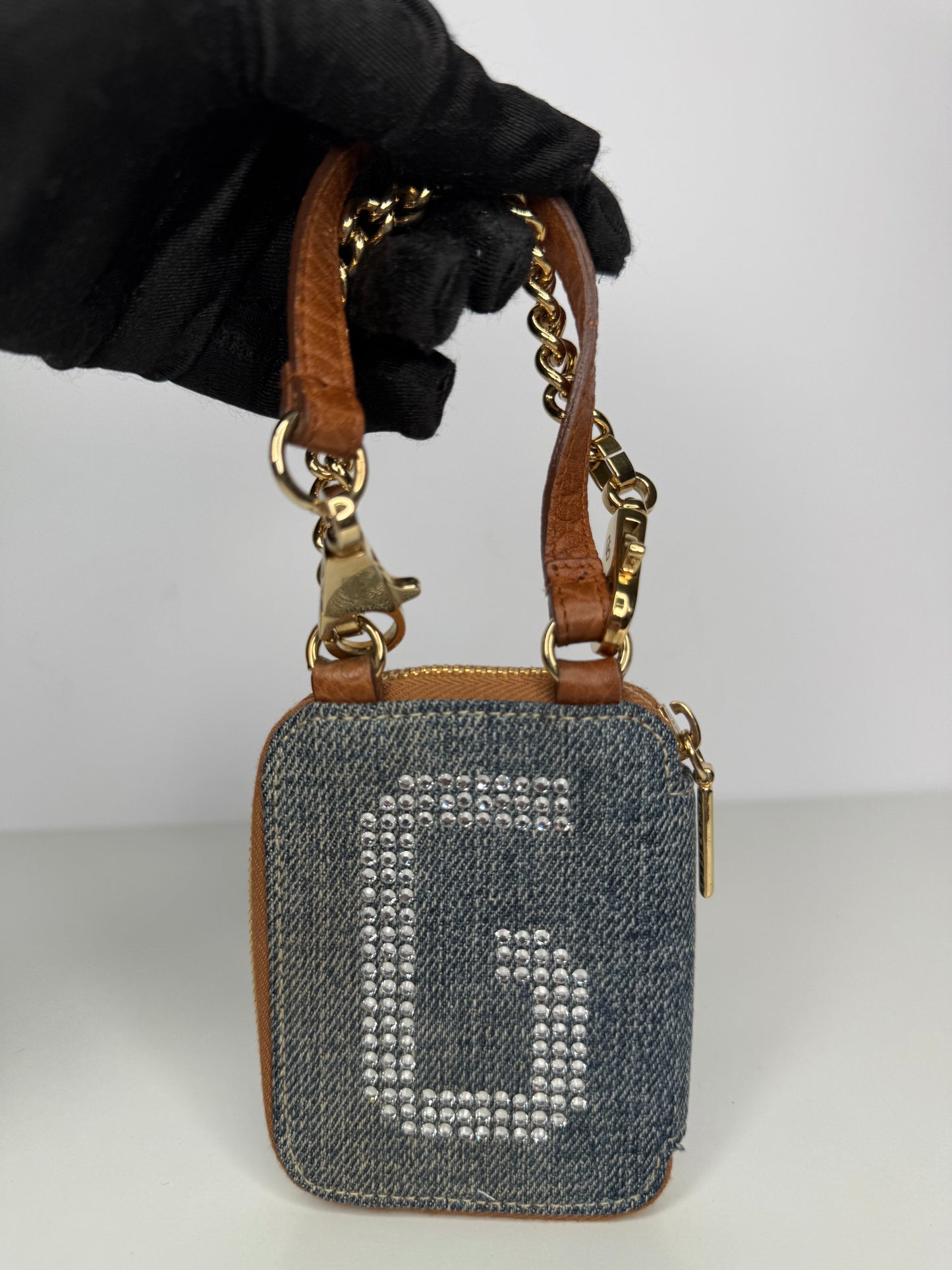 Dolce Gabbana Denim Crystal Logo Mirror and Lipstick Holder