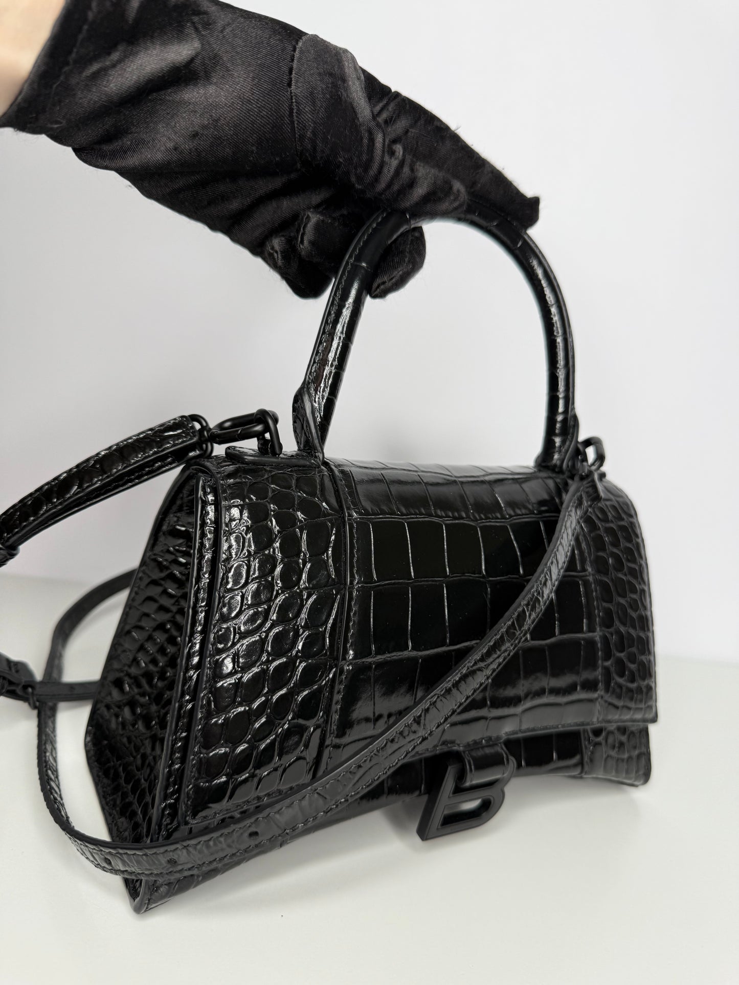 Balenciaga Small Hourglass Croc Embossed Bag Black