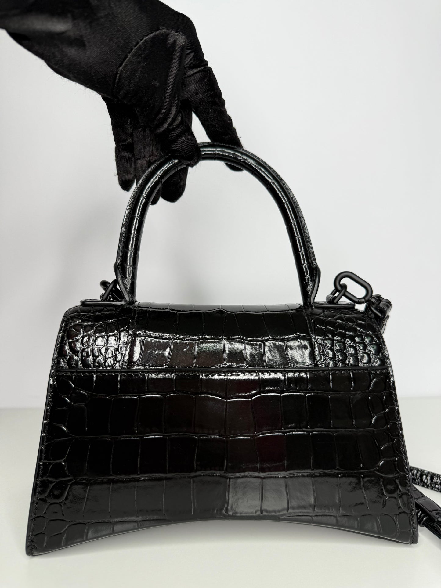 Balenciaga Small Hourglass Croc Embossed Bag Black