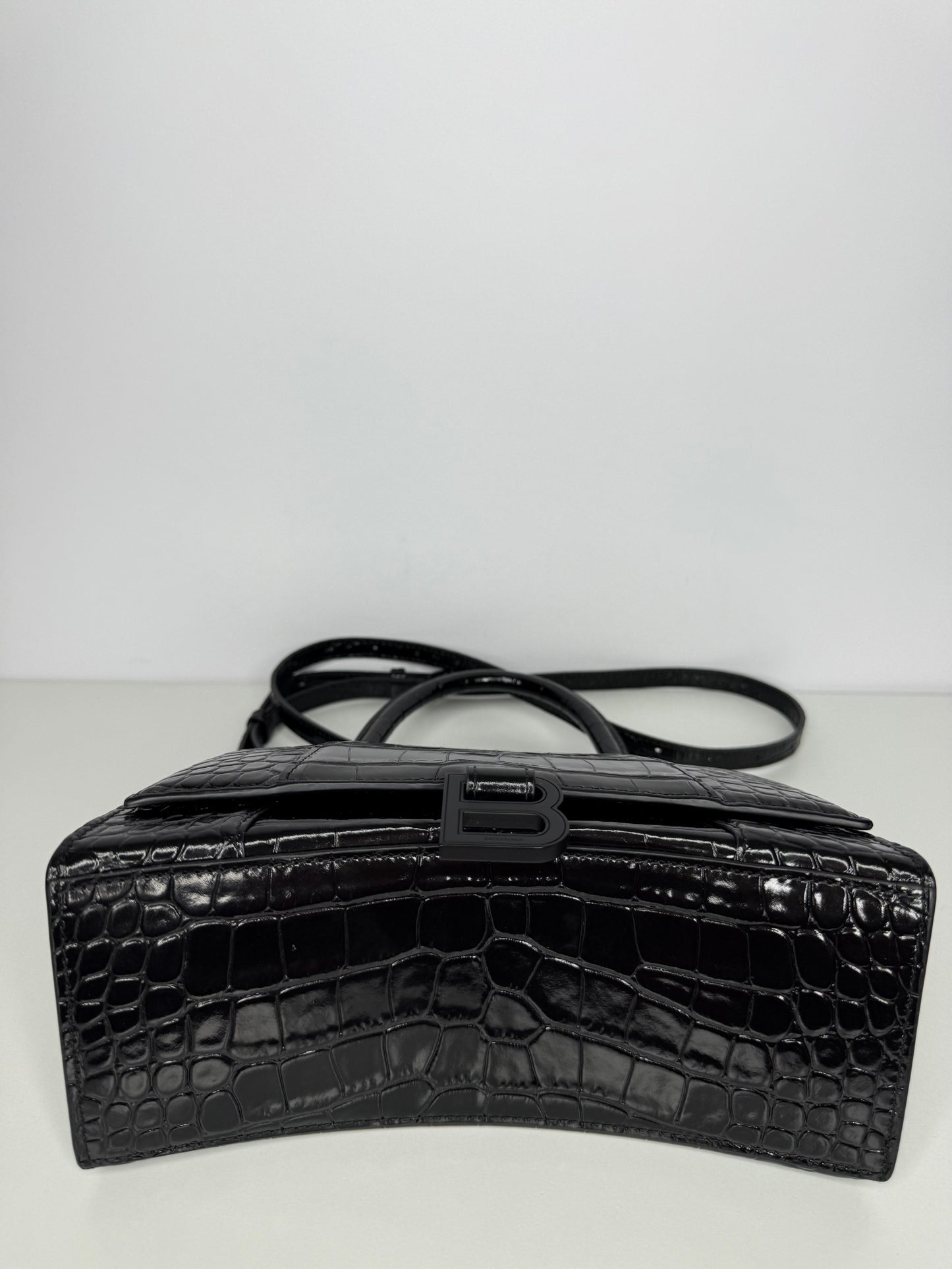 Balenciaga Small Hourglass Croc Embossed Bag Black