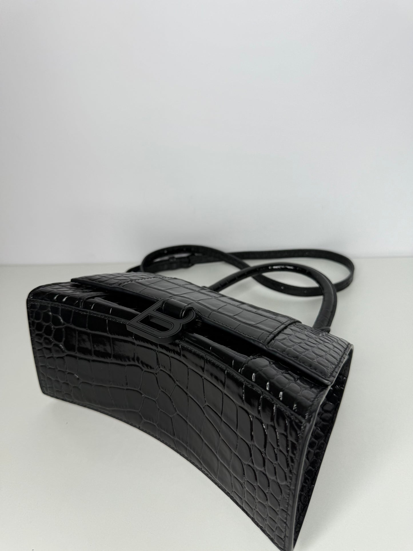 Balenciaga Small Hourglass Croc Embossed Bag Black