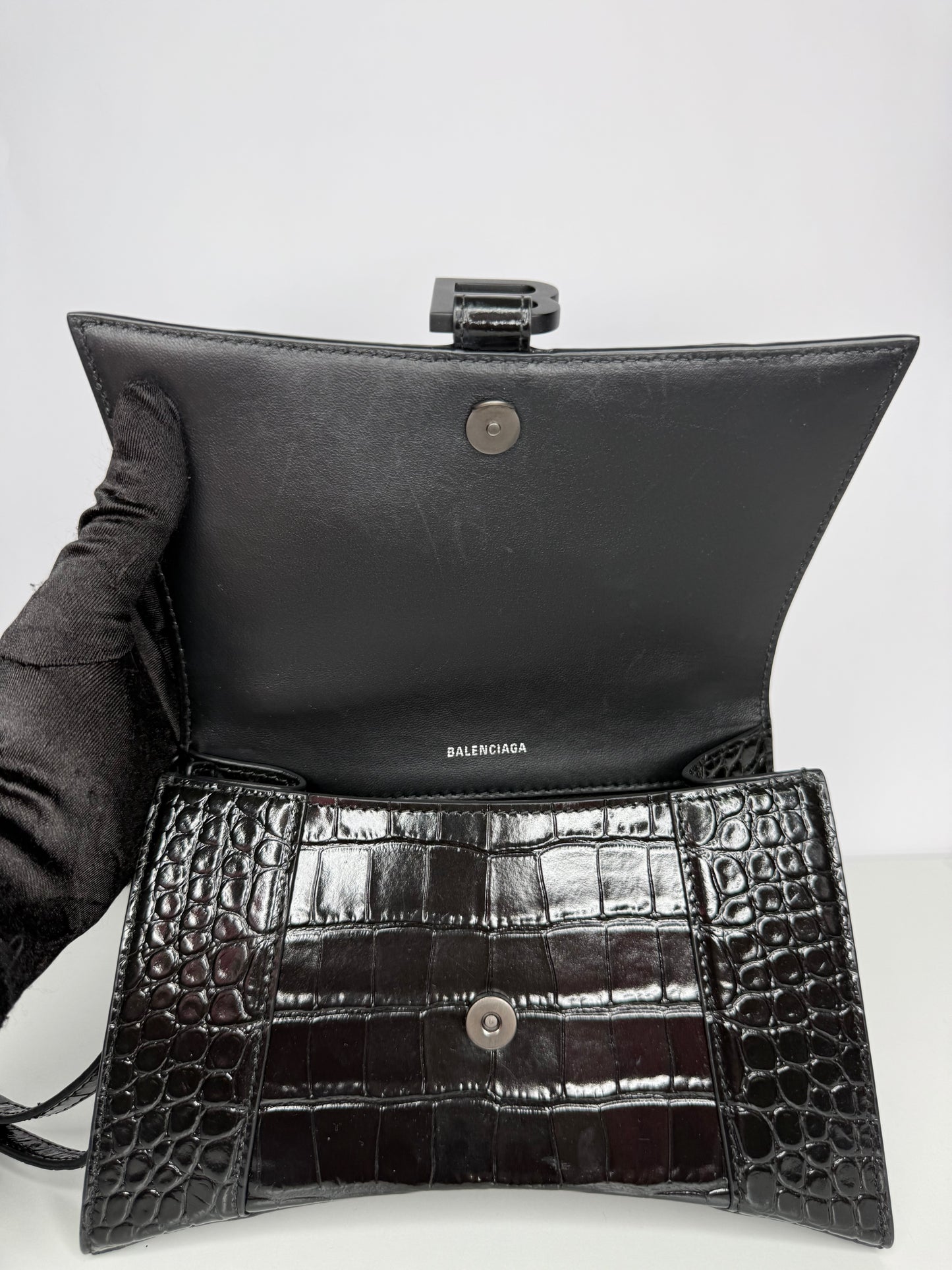 Balenciaga Small Hourglass Croc Embossed Bag Black