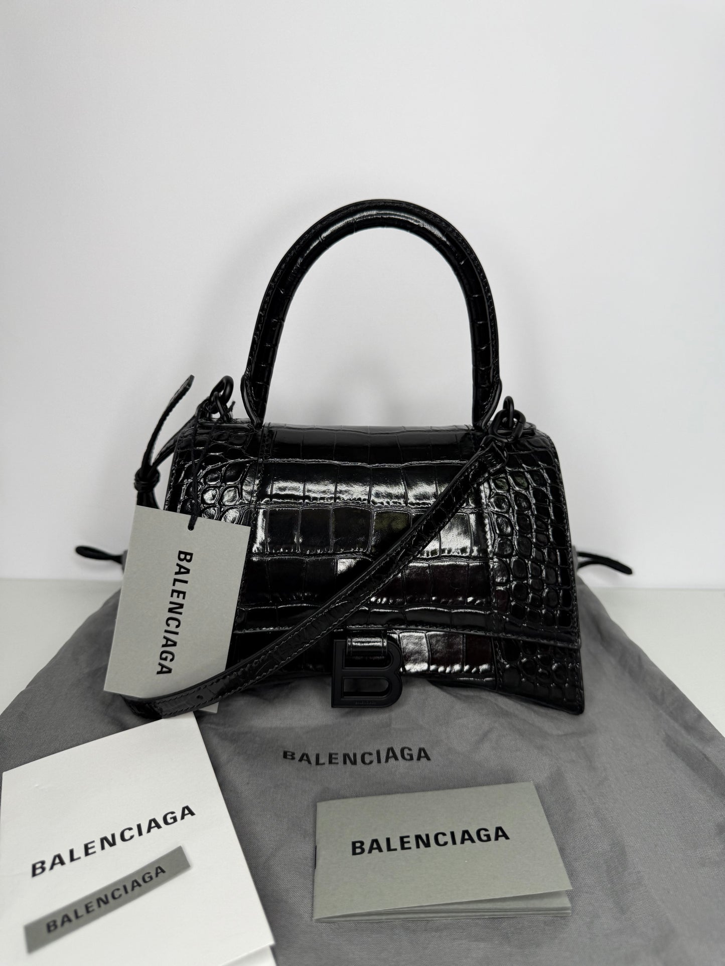 Balenciaga Small Hourglass Croc Embossed Bag Black