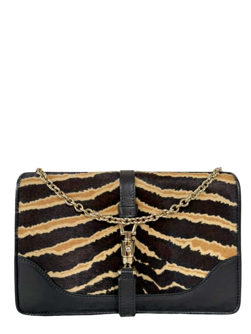 Gucci Zebra Broadway Piston Lock Chain Clutch Calf Hair
