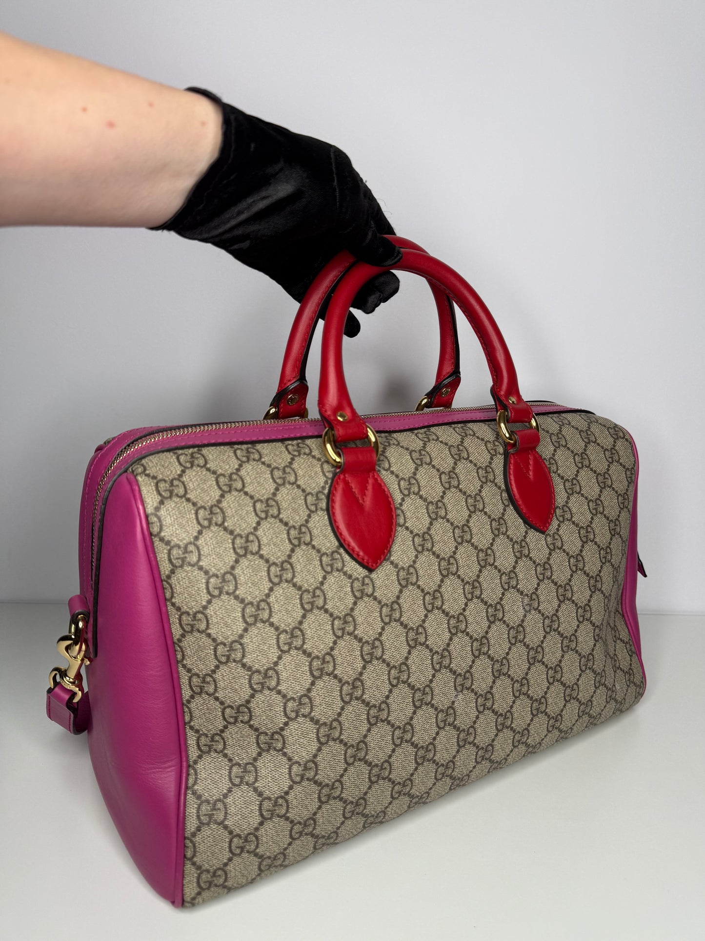 Gucci Red/Pink GG Supreme Coated Canvas Pink Top Handle Medium Boston Bag