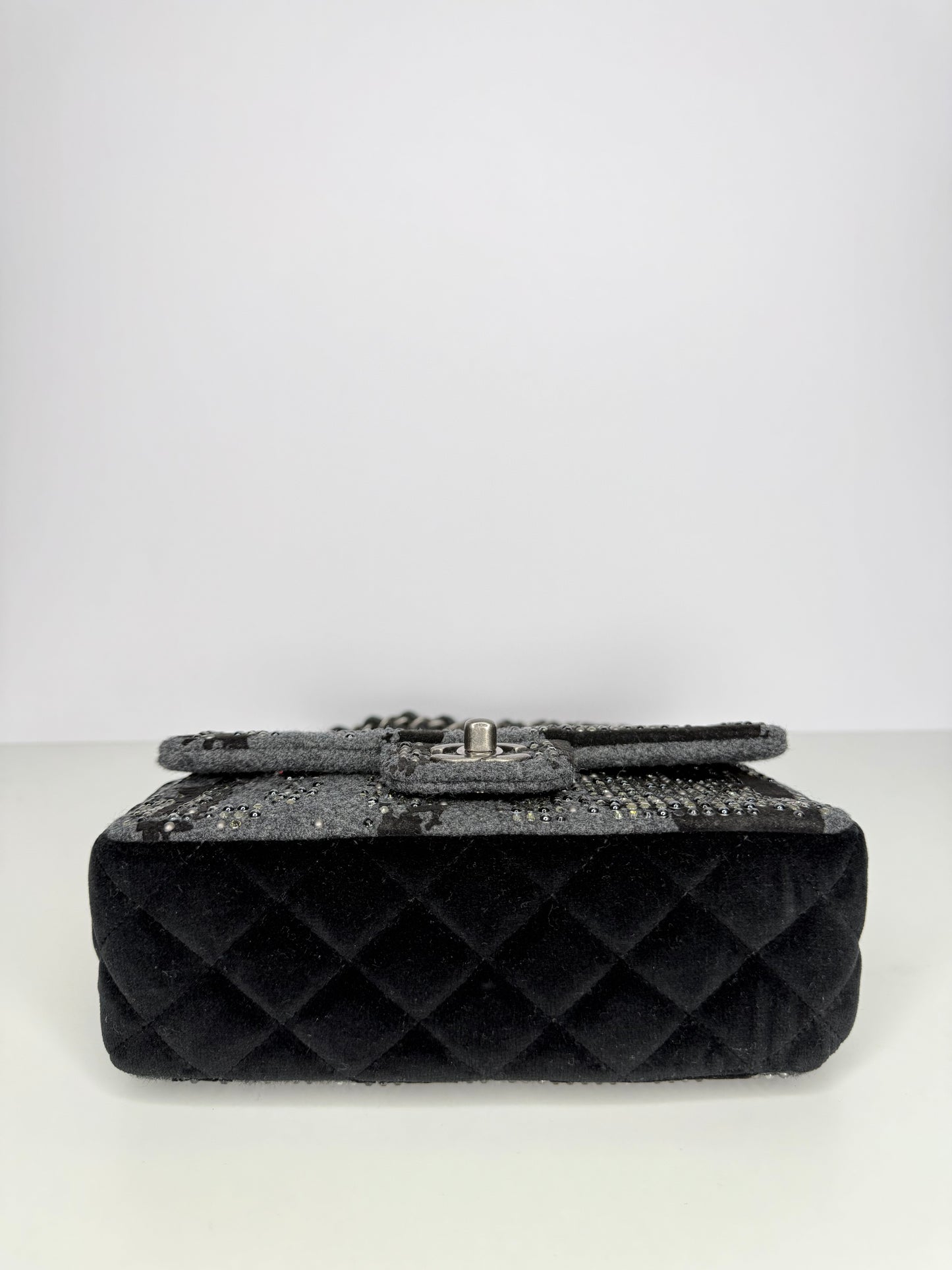 Chanel Black/Grey Felt/Velvet and Strass Mini Flap Ruthenium Hardware