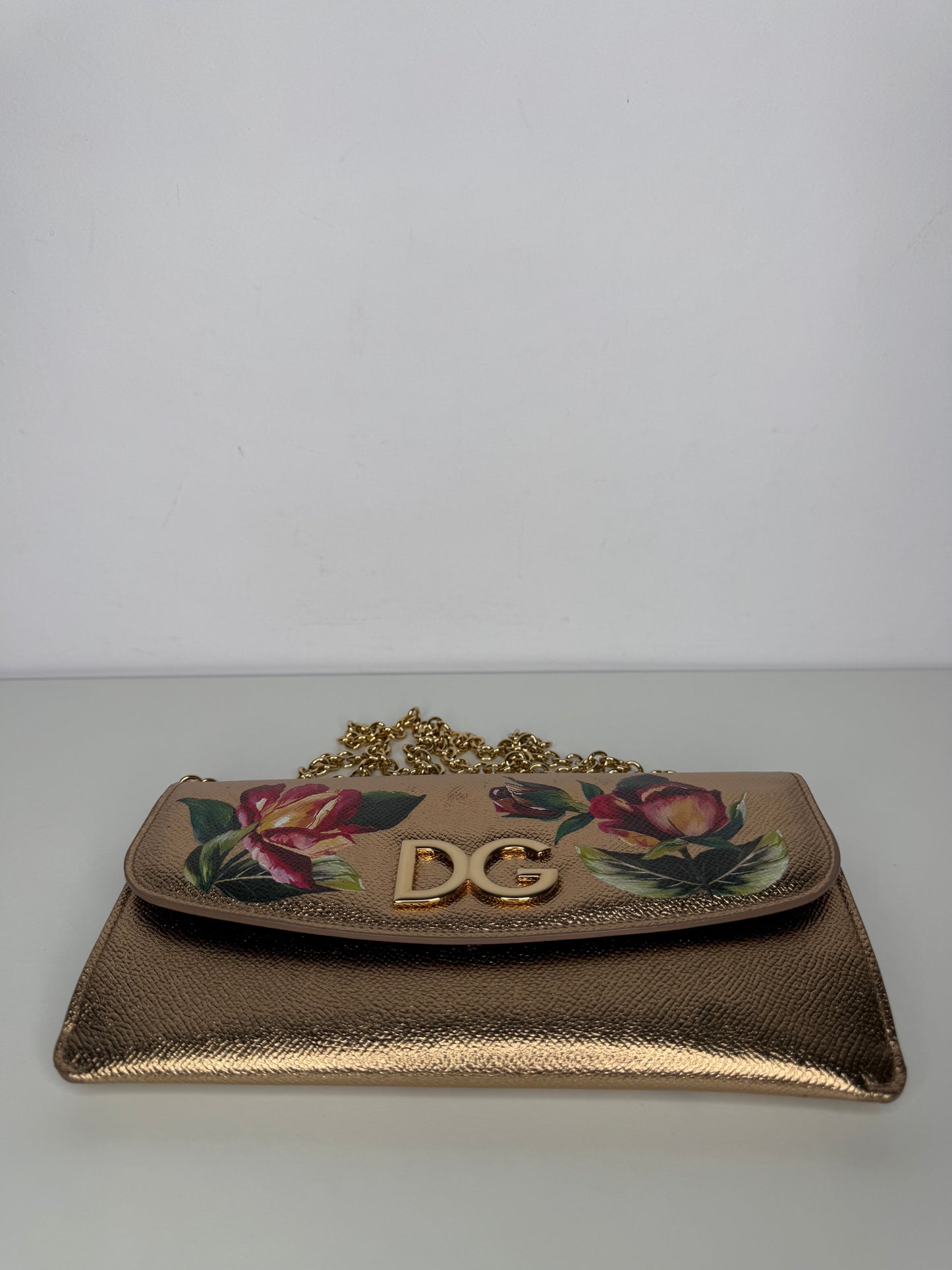 Dolce Gabbana Gold Floral Print Leather DG Logo Chain Clutch