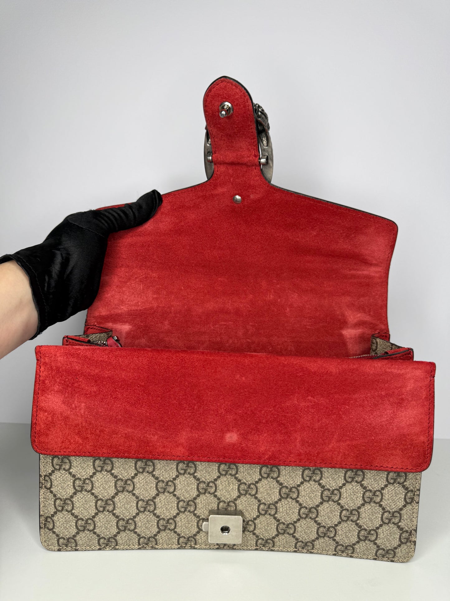 Gucci Dionysus GG Supreme Canvas and Red Suede Small Shoulder Bag