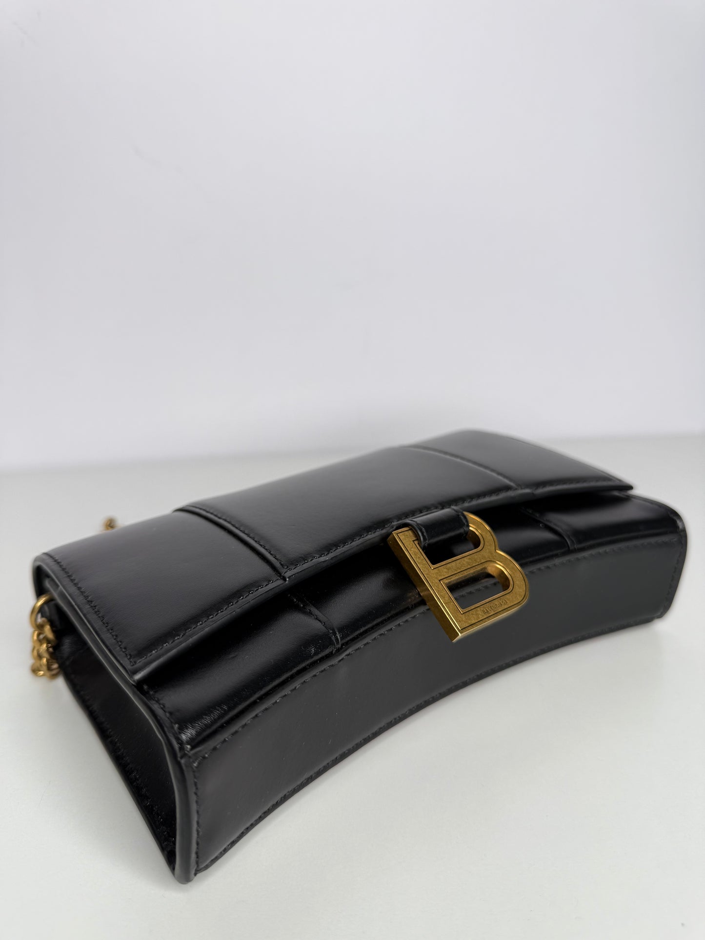 Balenciaga Hourglass Mini Wallet On Chain in Black Calfskin Leather